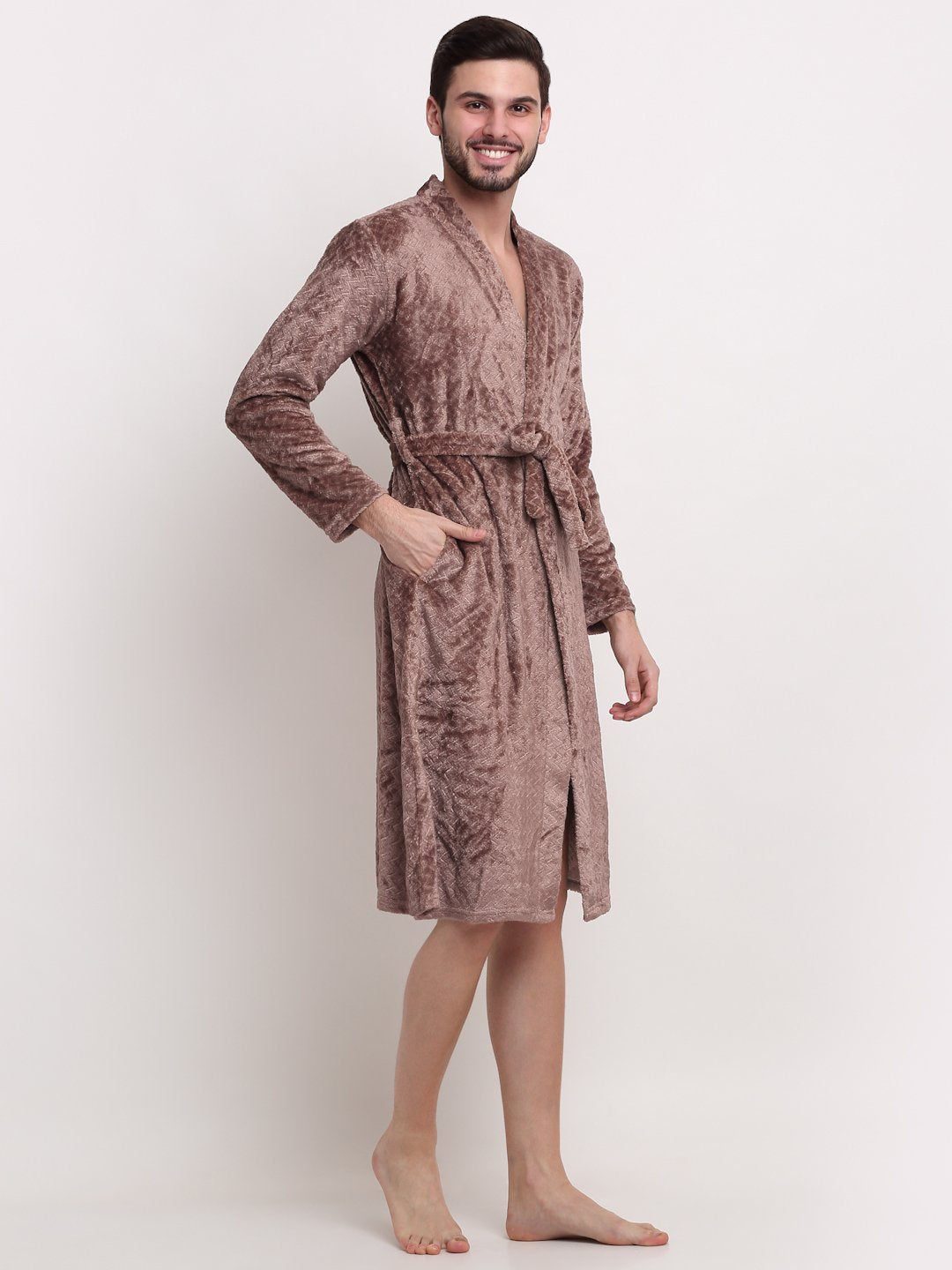 Men Brown Self Design Wool Bath Robe With Belt