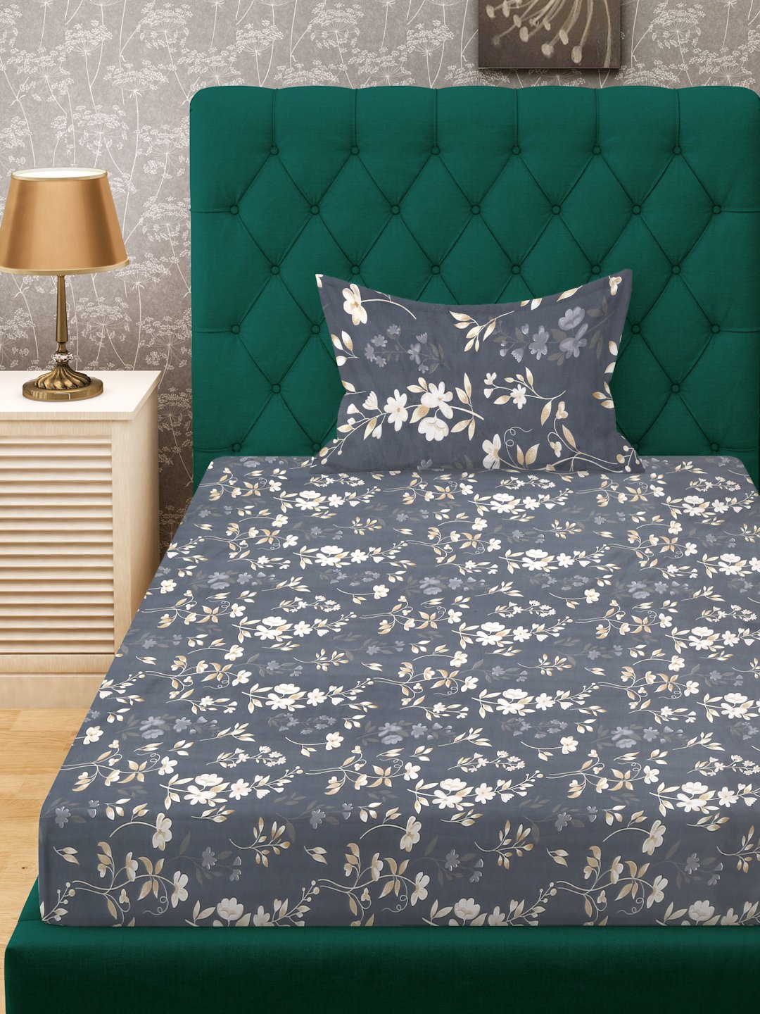 Grey Floral 300 TC Cotton Blend Single Bedsheet with Pillow Cover