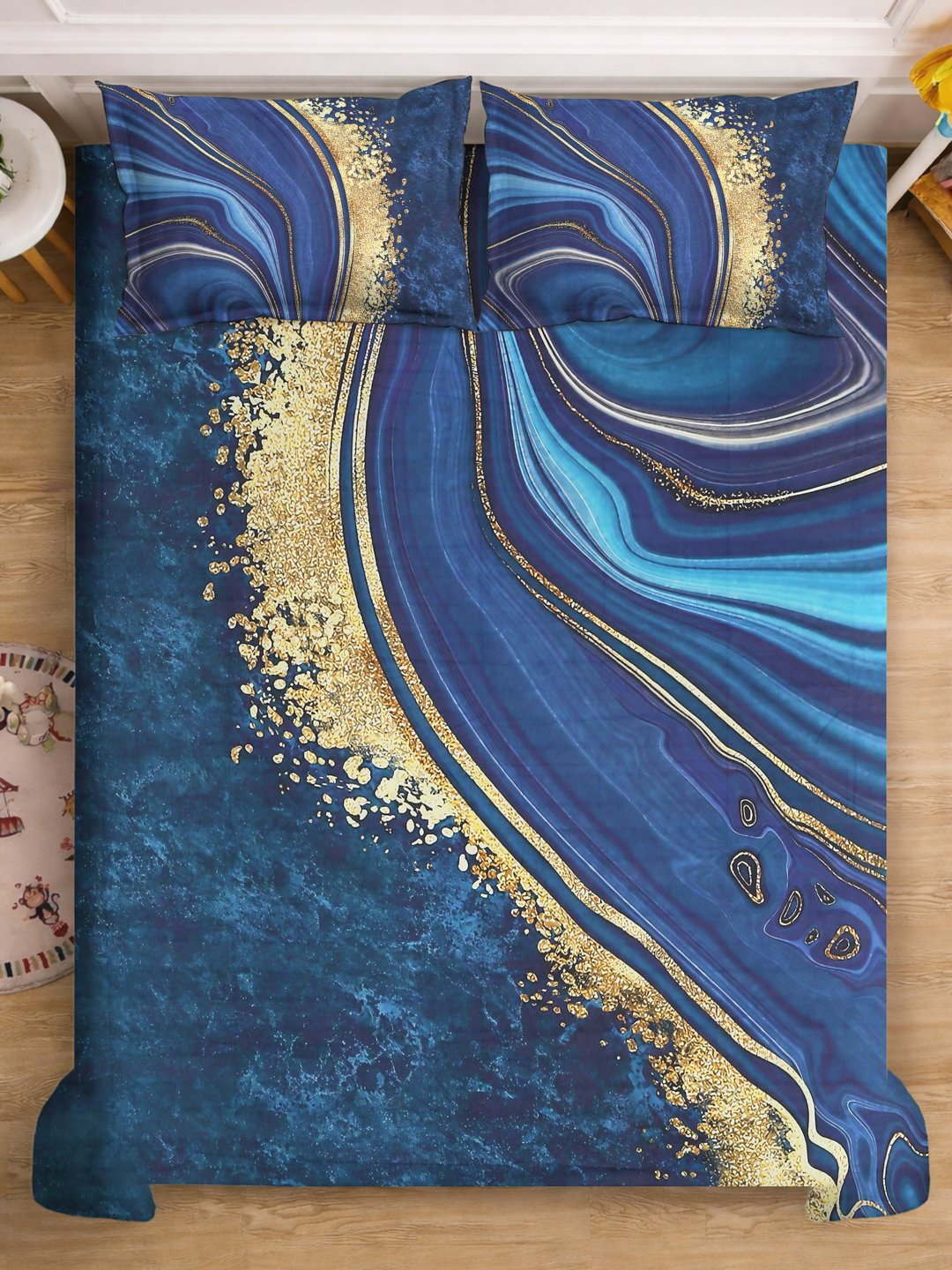 Blue 7D Abstract Printed Cotton Blend Double Bedsheet with 2 Pillow Covers