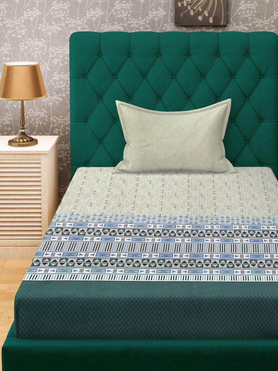 Olive Geometric 400 TC Pure Cotton Single Bedsheet with Pillow Cover