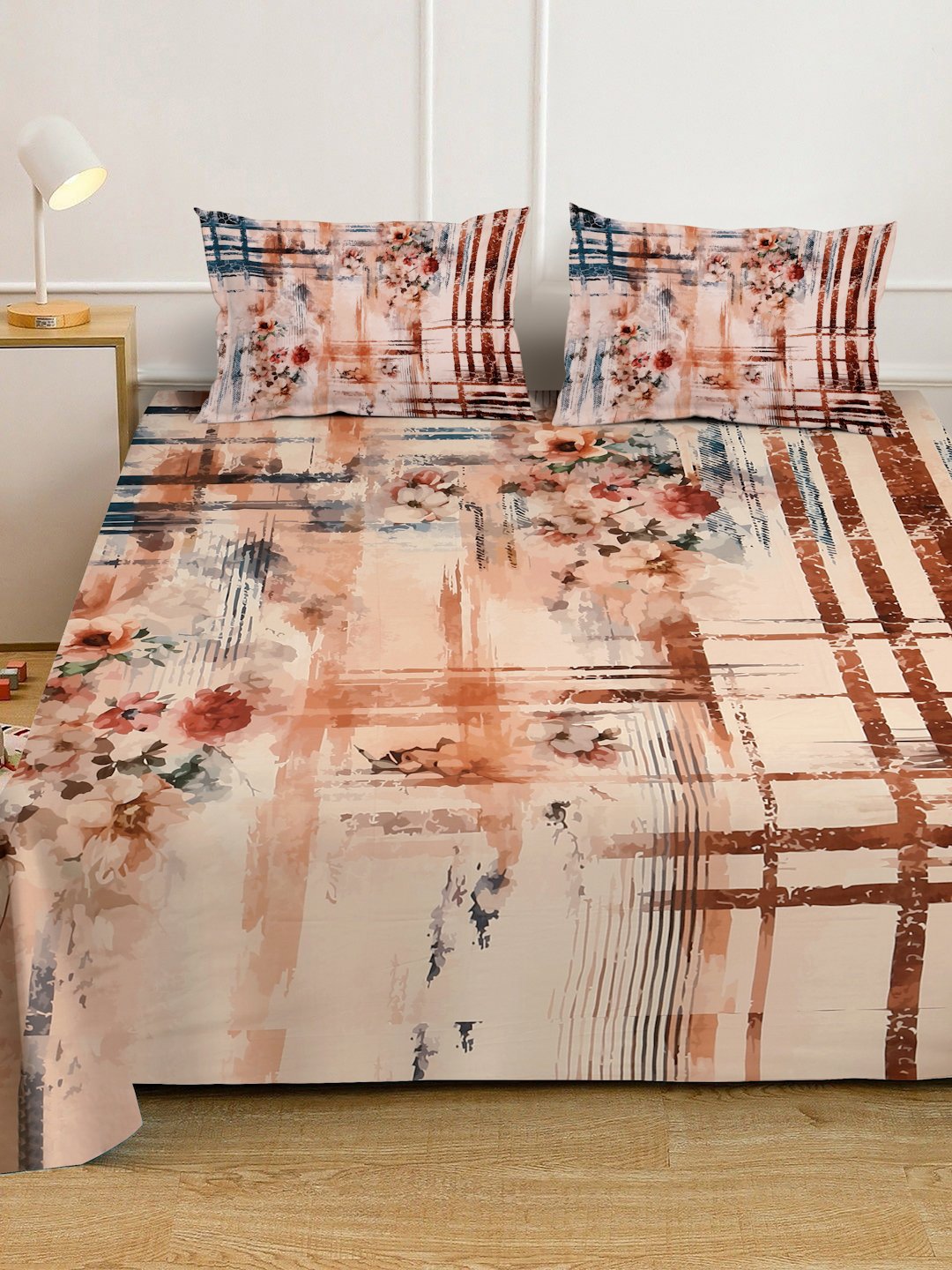 Multi Digital Floral Printed Fitted Cotton Blend Double Bedsheet with 2 Pillow Covers