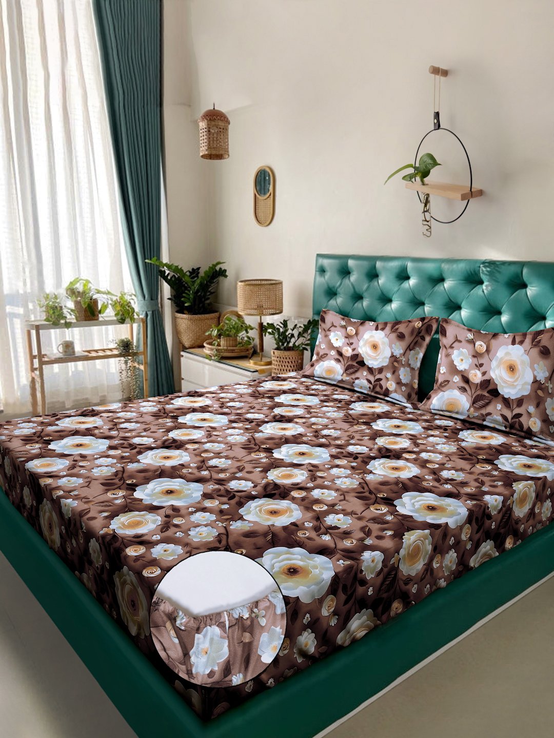Brown Floral 7D King Size Cotton Blend Fitted Double Bedsheet with 2 Pillow Covers