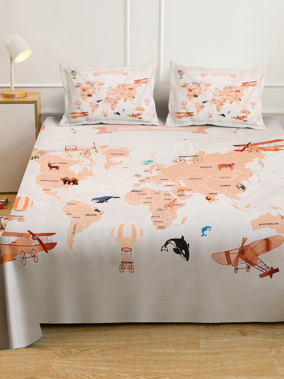 OffWhite Digital Graphic Printed Cotton Blend Fitted Double Bedsheet with 2 Pillow Covers