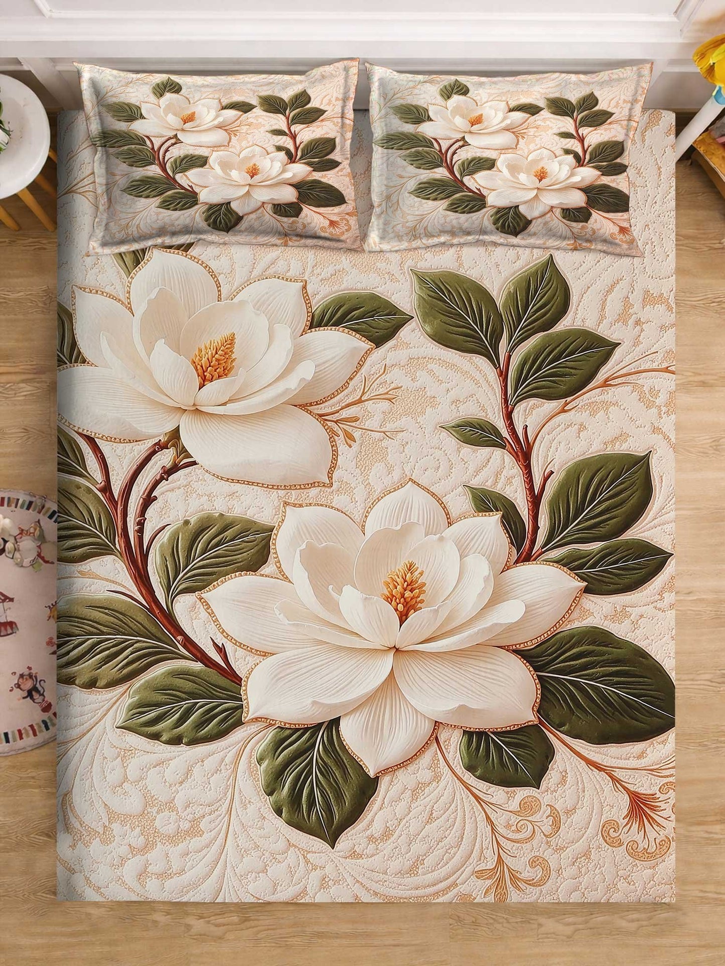 Cream Digital Floral Printed Cotton Blend Double Bedsheet with 2 Pillow Covers