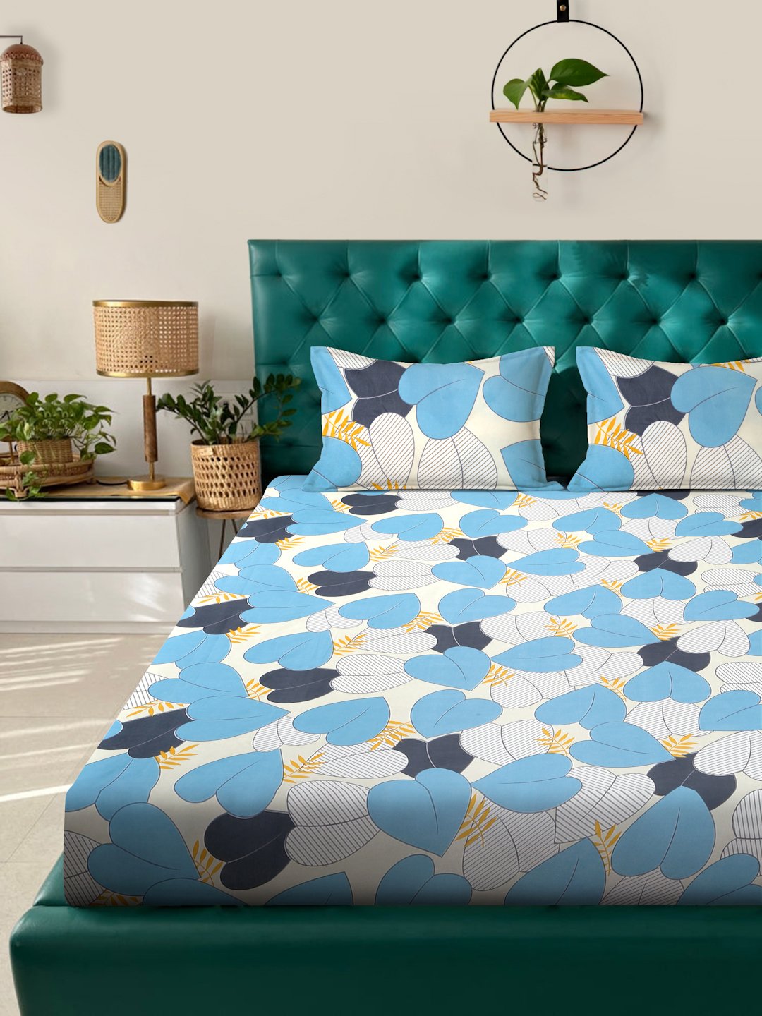 Blue Floral 300 TC Cotton Blend Double Bedsheet with 2 Pillow Covers
