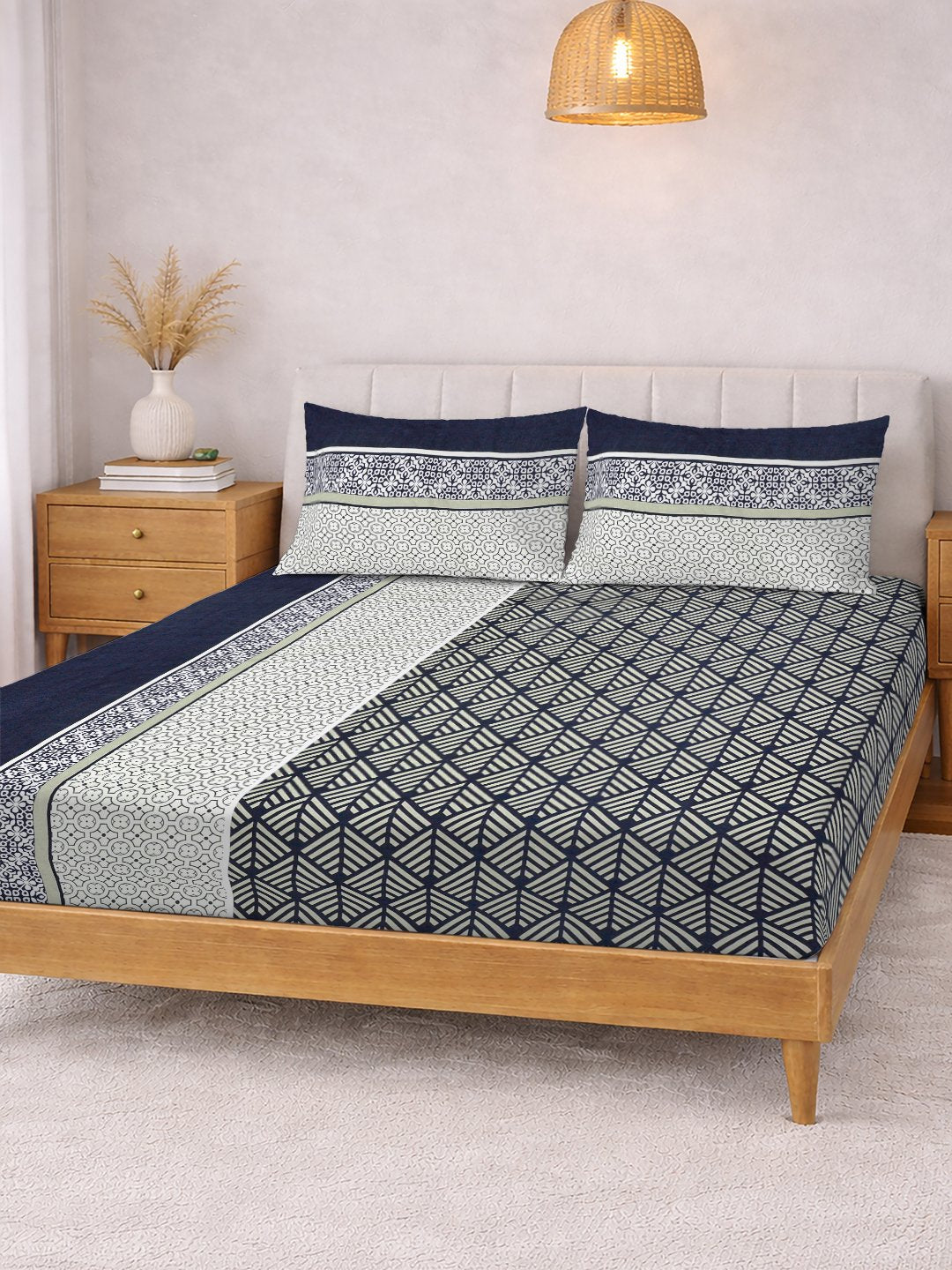 Multi Geometric Cotton Blend Fitted Double Bedsheet with 2 Pillow Covers
