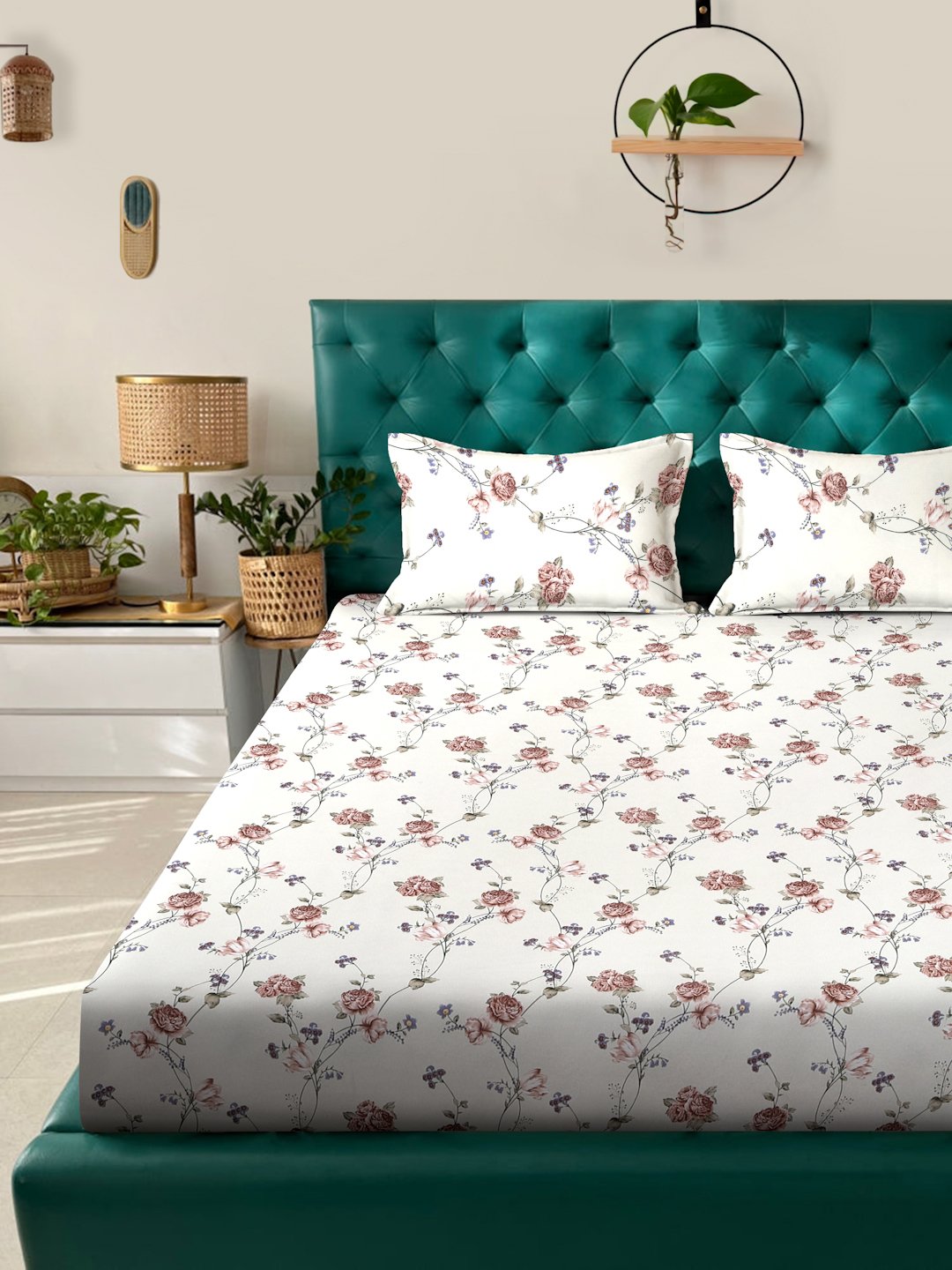 Beige Floral 300 TC Cotton Blend Double Bedsheet in Book Fold Packing
