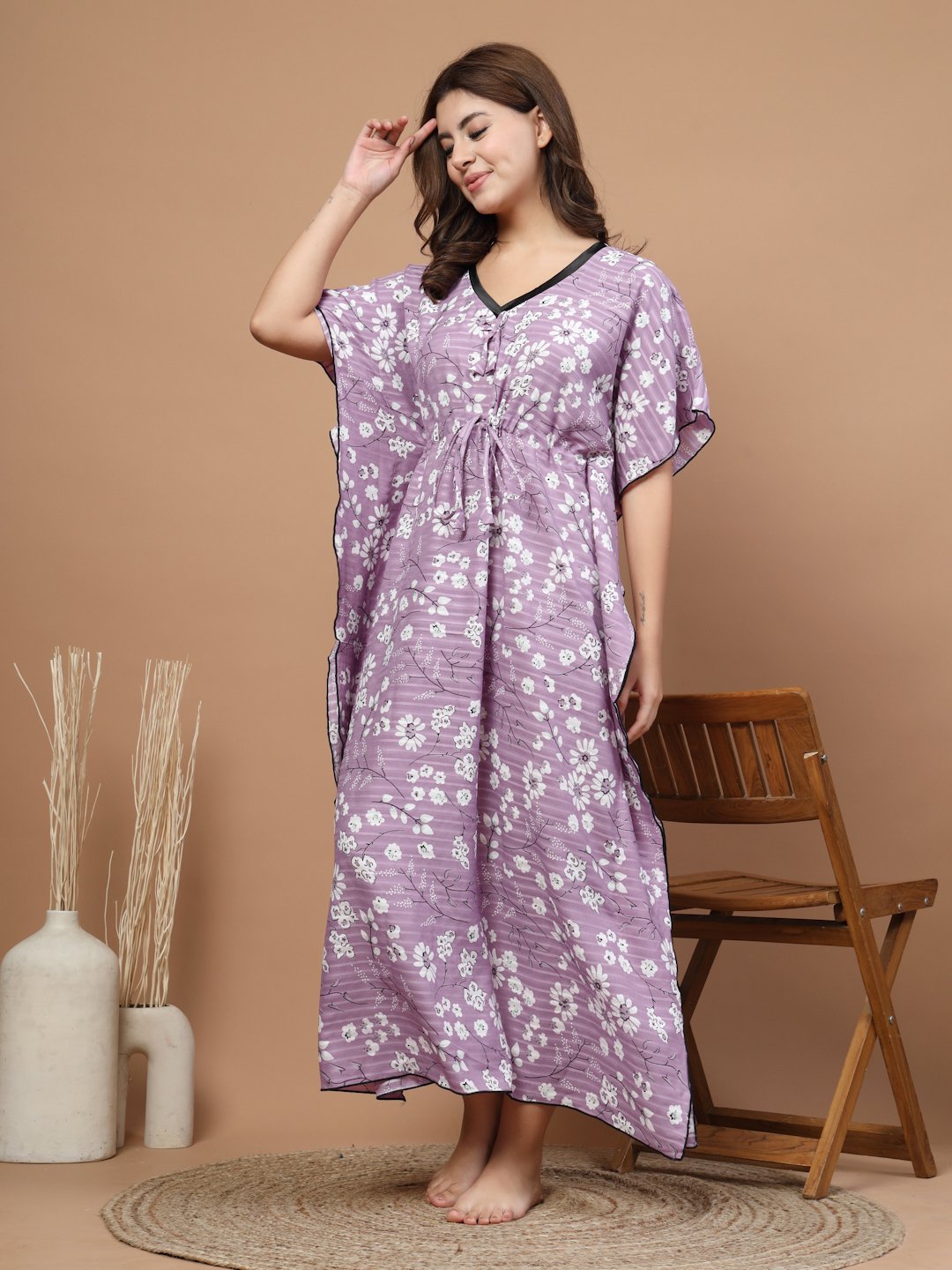 Pink Floral Cotton Blend Kaftan Maxi Nightdress