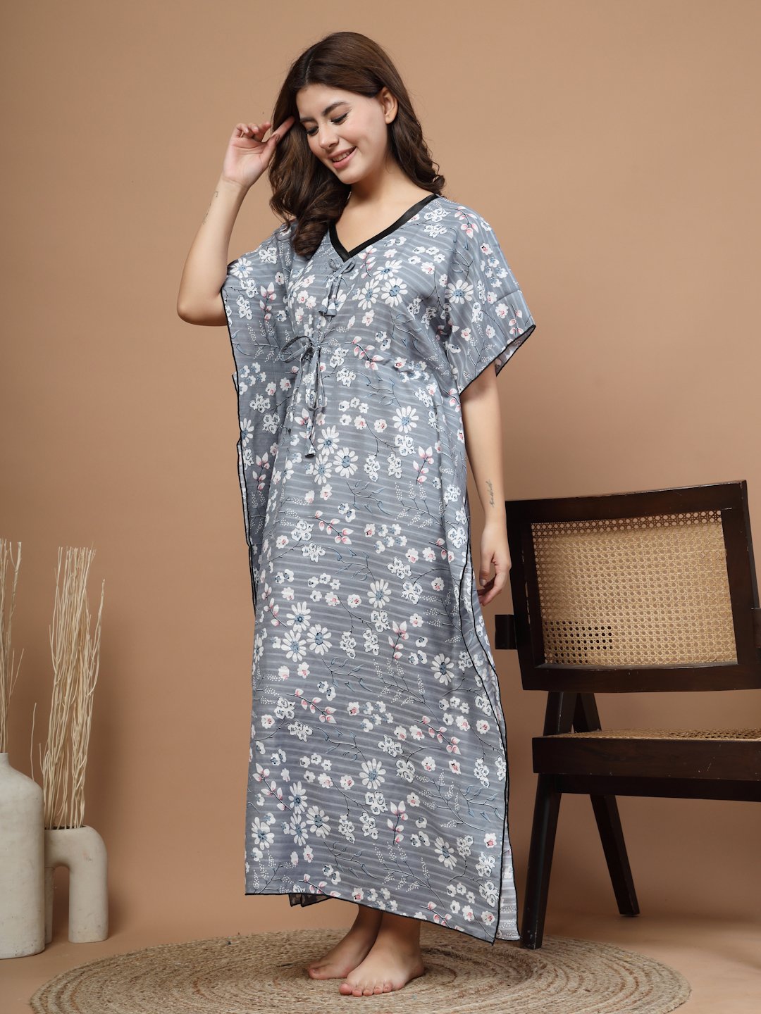 Grey Floral Cotton Blend Kaftan Maxi Nightdress