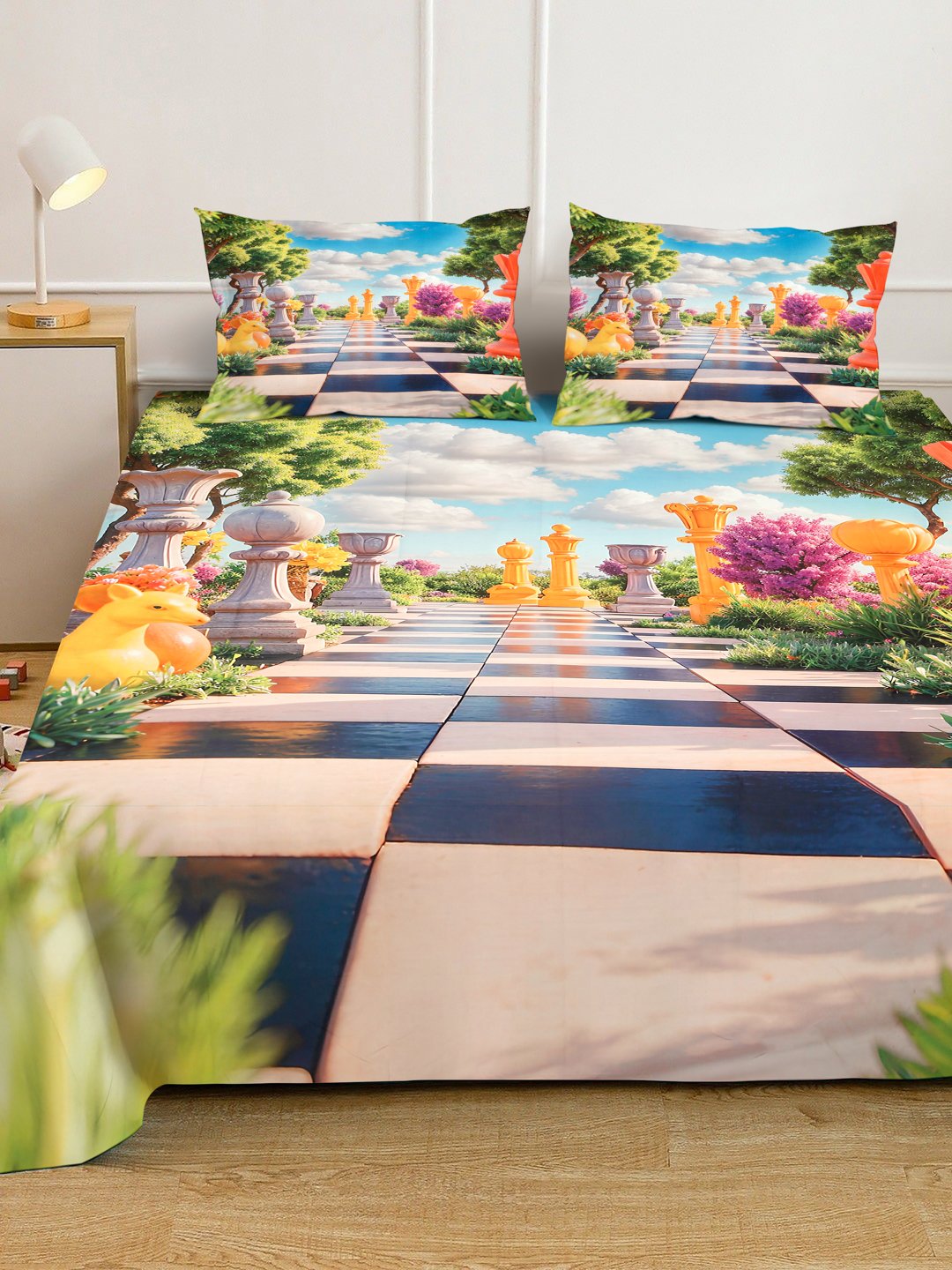 Multi Cartoon Characters 7D King Size Cotton Blend Fitted Double Bedsheet with 2 Pillow Covers