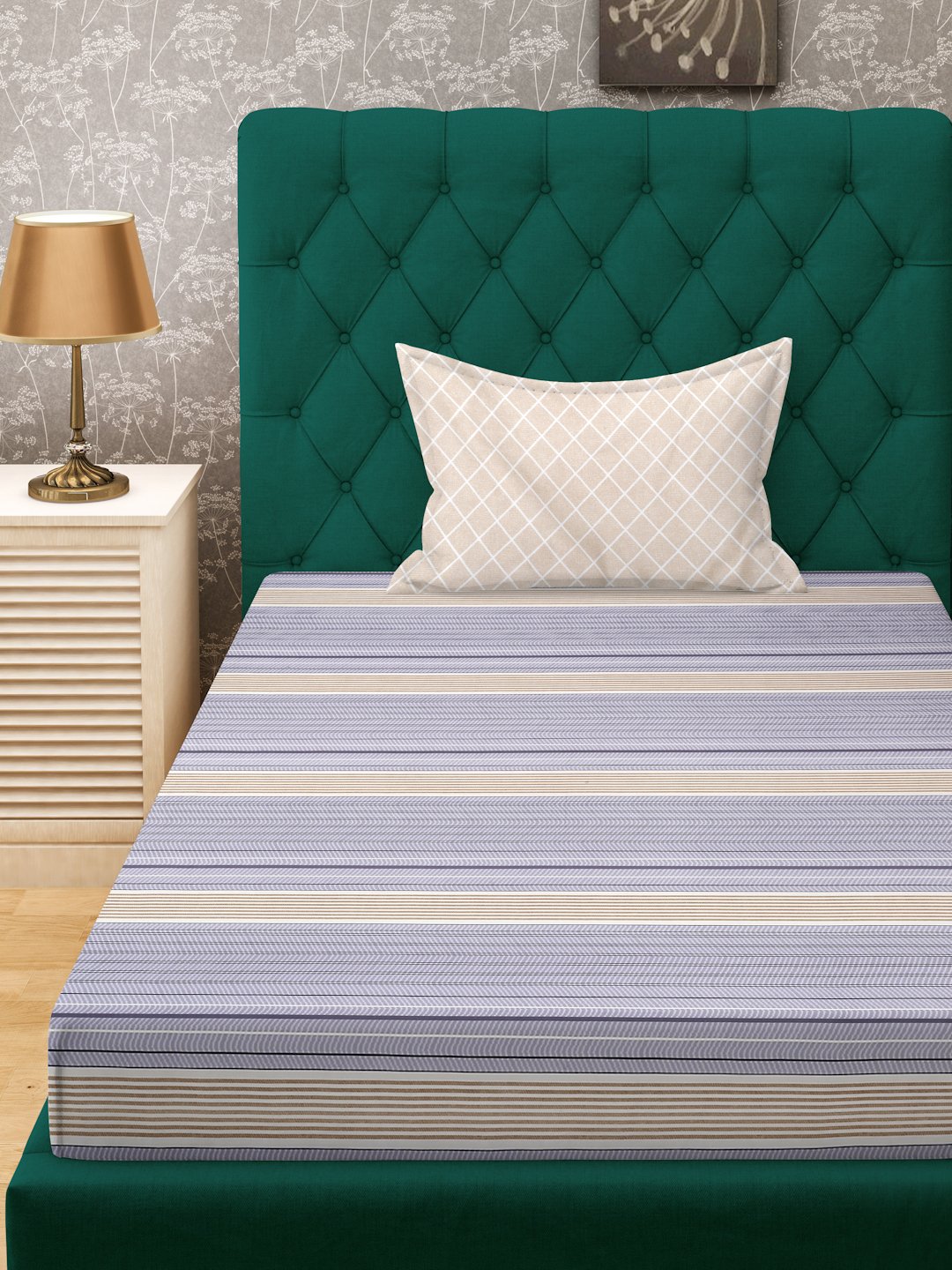 Purple Striped 300 TC Cotton Blend Fitted Single Bedsheet with Pillow Cover