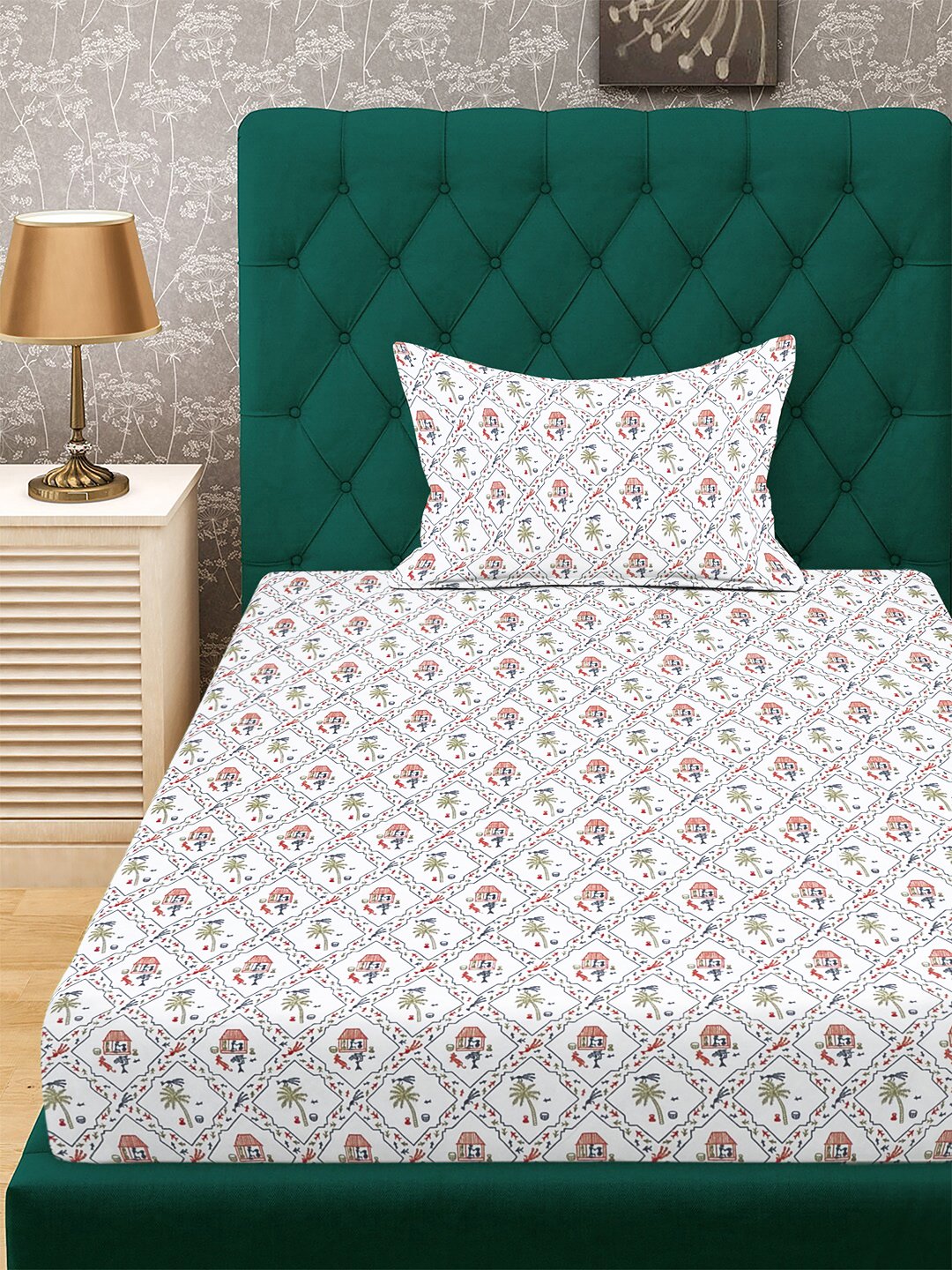 White Floral 300 TC Cotton Blend Single Bedsheet with Pillow Cover