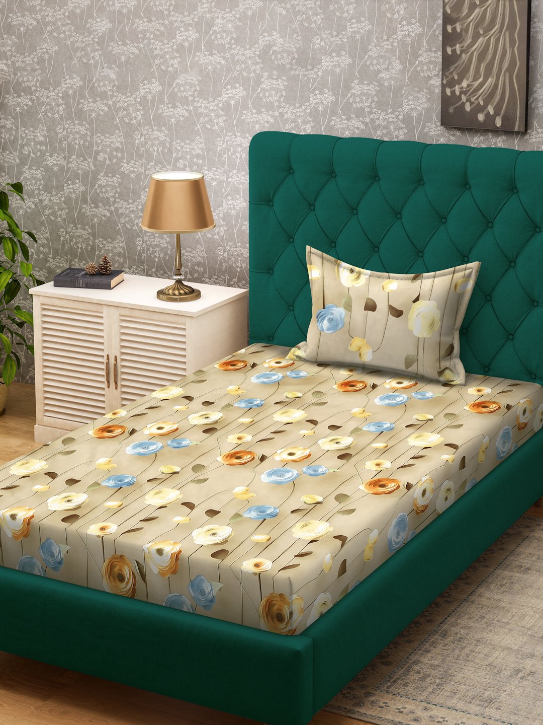 Beige Floral 7D Cotton Blend Single Bedsheet with Pillow Cover