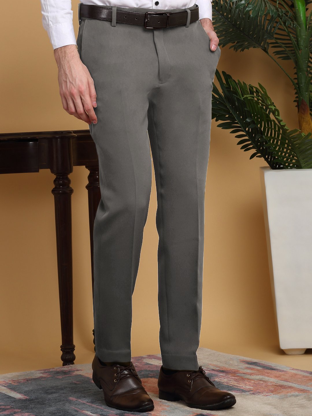 Grey Lycra Cotton Elastic Solid Slim Fit Formal Trouser