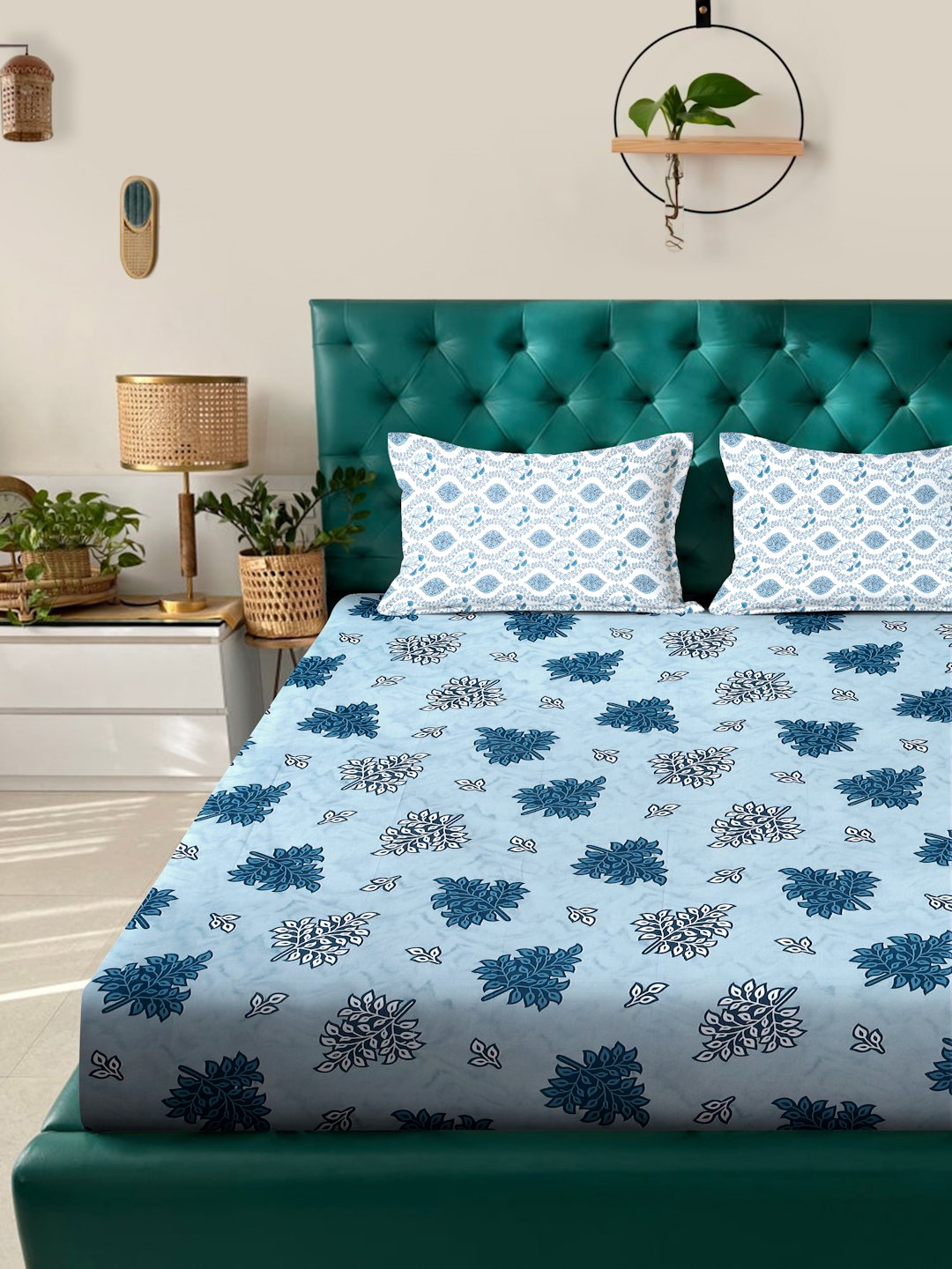 Blue Floral 400 TC Pure Cotton Double Bedsheet with 2 Pillow Covers