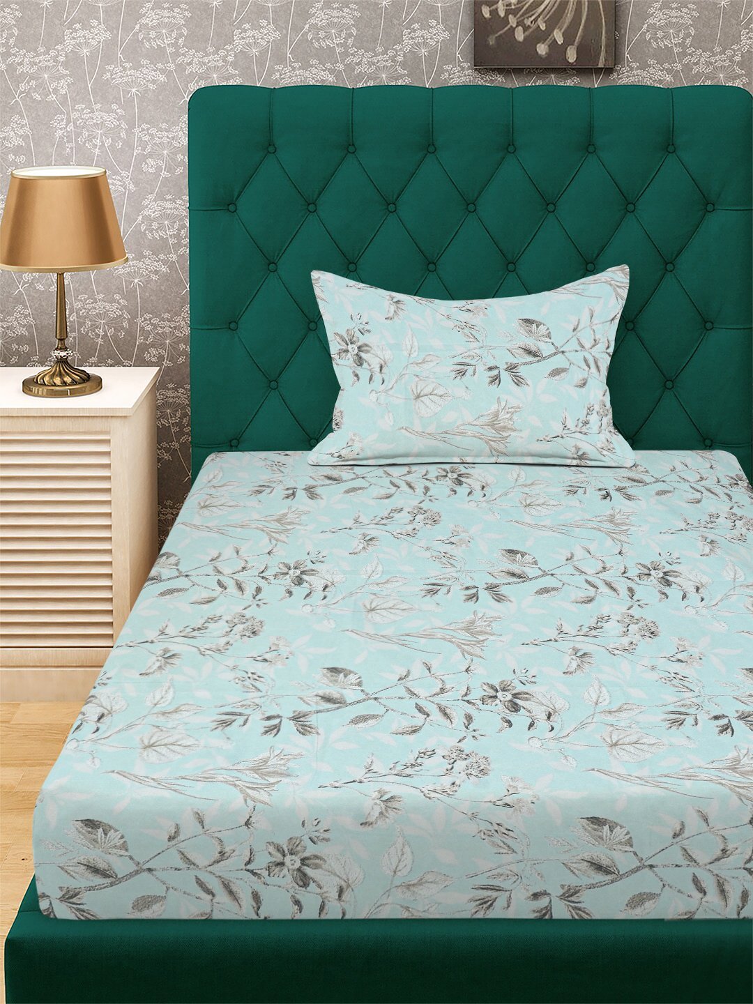 Green Floral 300 TC Cotton Blend Single Bedsheet with Pillow Cover