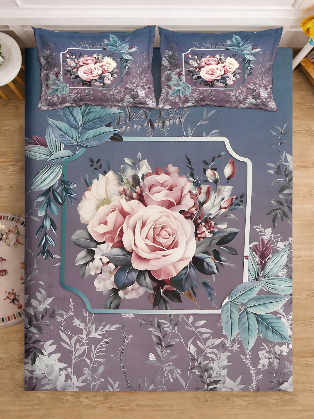 Purple Digital Floral Printed Cotton Blend Fitted Double Bedsheet with 2 Pillow Covers