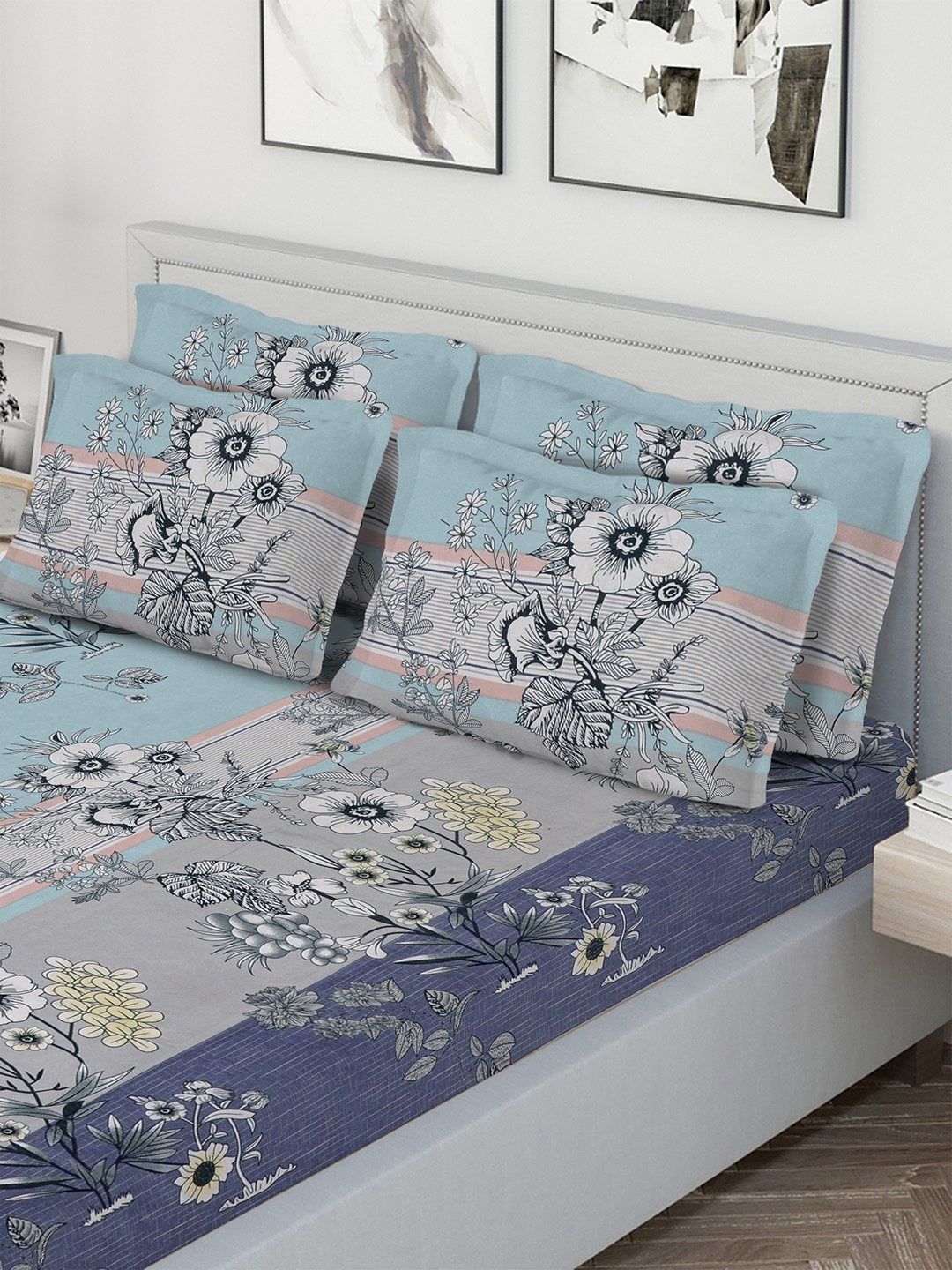 Multi Floral 300 TC Cotton Blend Fitted Double Bedsheet with 4 Pillow Covers