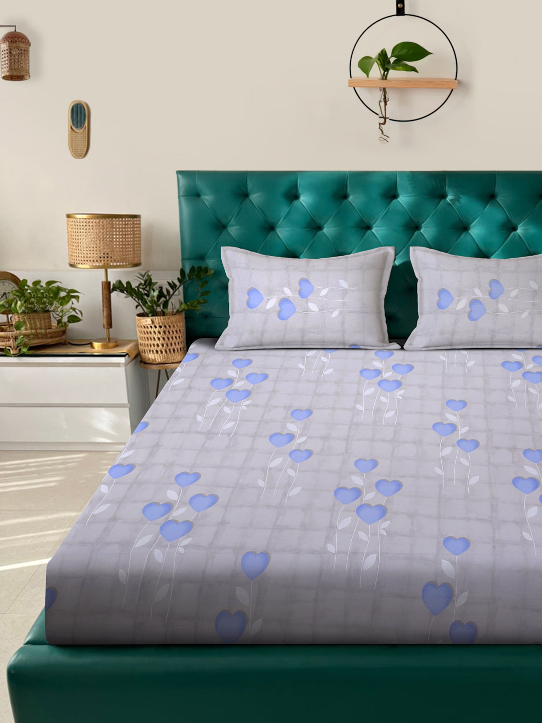 Klotthe Blue Floral 400 TC Pure Cotton Fitted Double Bedsheet with 2 Pillow Covers