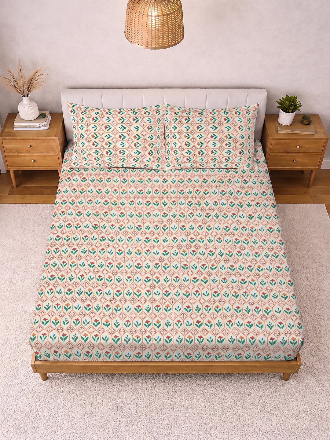 Cream Floral Cotton Blend Double Bedsheet with 2 Pillow Covers
