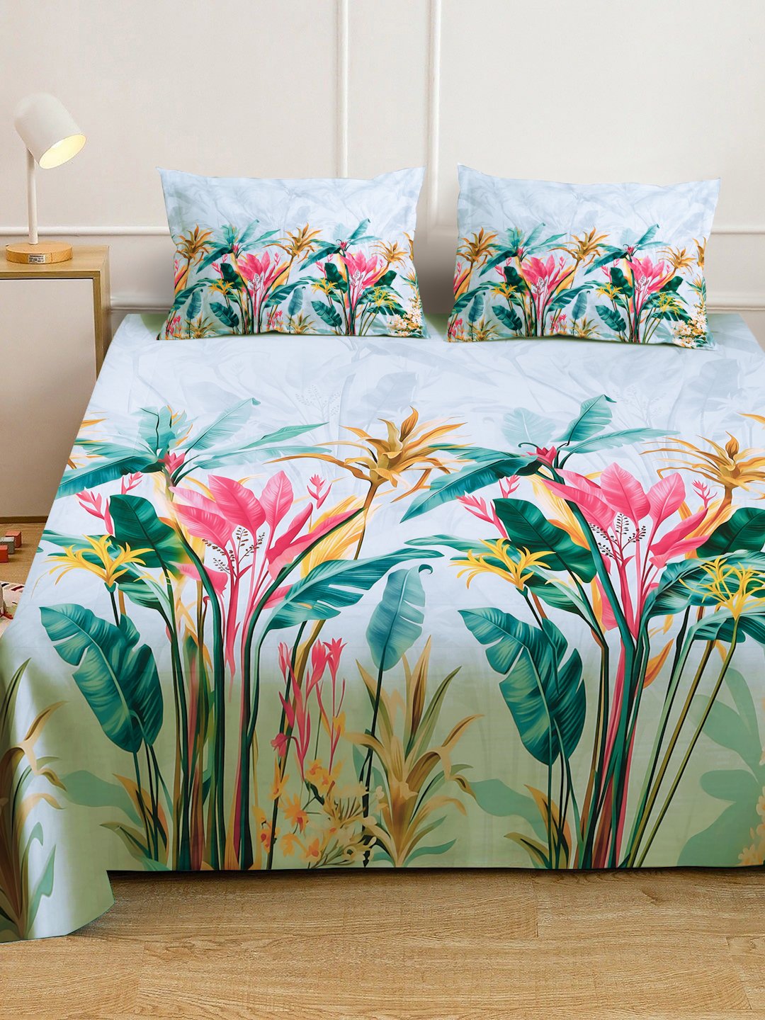 SkyBlue Digital Floral Printed Cotton Blend Fitted Double Bedsheet with 2 Pillow Covers