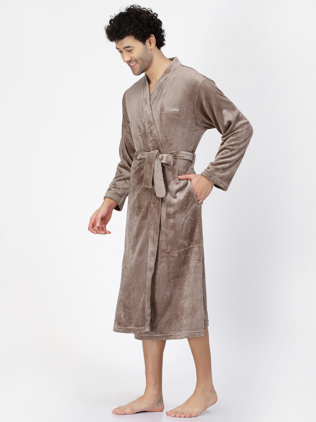 Klotthe Men Beige Solid Bath Robe With Belt