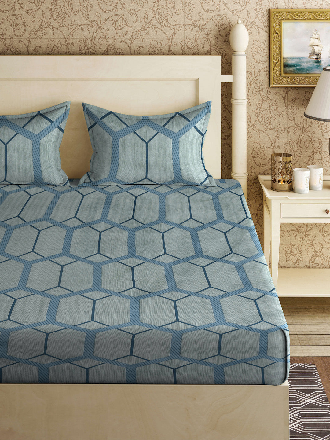 Klotthe Grey Geometric 300 TC Cotton Blend Super King Double Bedsheet with 2 Pillow covers