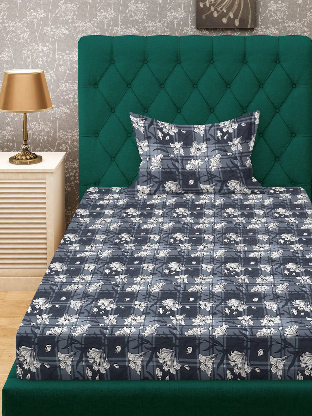 Grey Floral 300 TC Cotton Blend Fitted Single Bedsheet in Book Fold Packing
