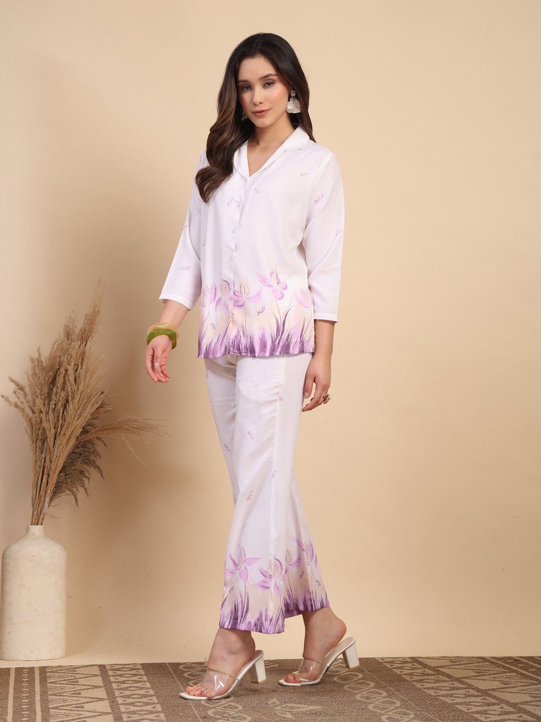 White Cotton Printed Shirt With Trousers Co-Ords Set
