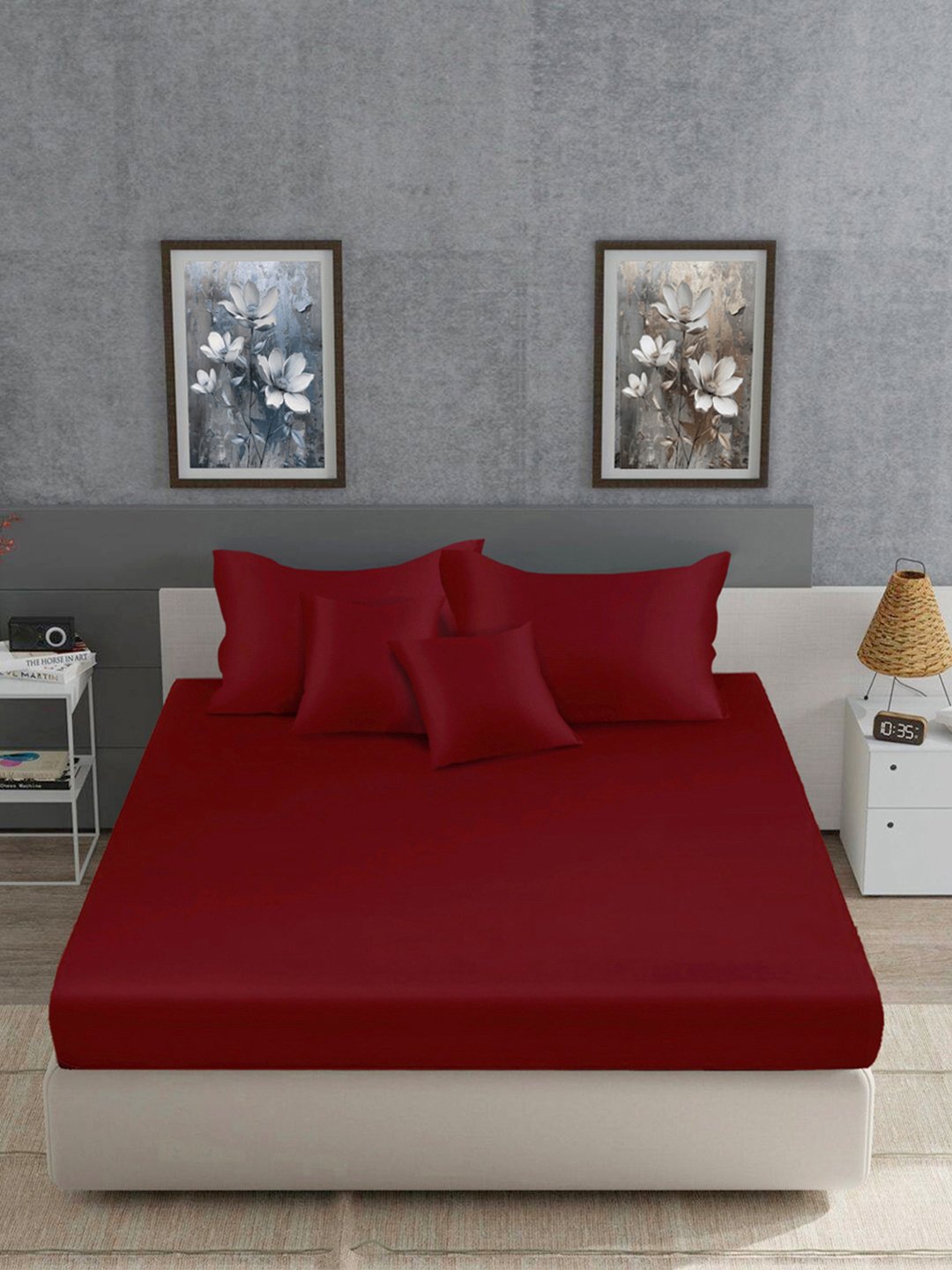Maroon Solid 400 TC Satin Fitted Super King Double Bedsheet with 2 Pillow Covers & 2 Cushion Covers