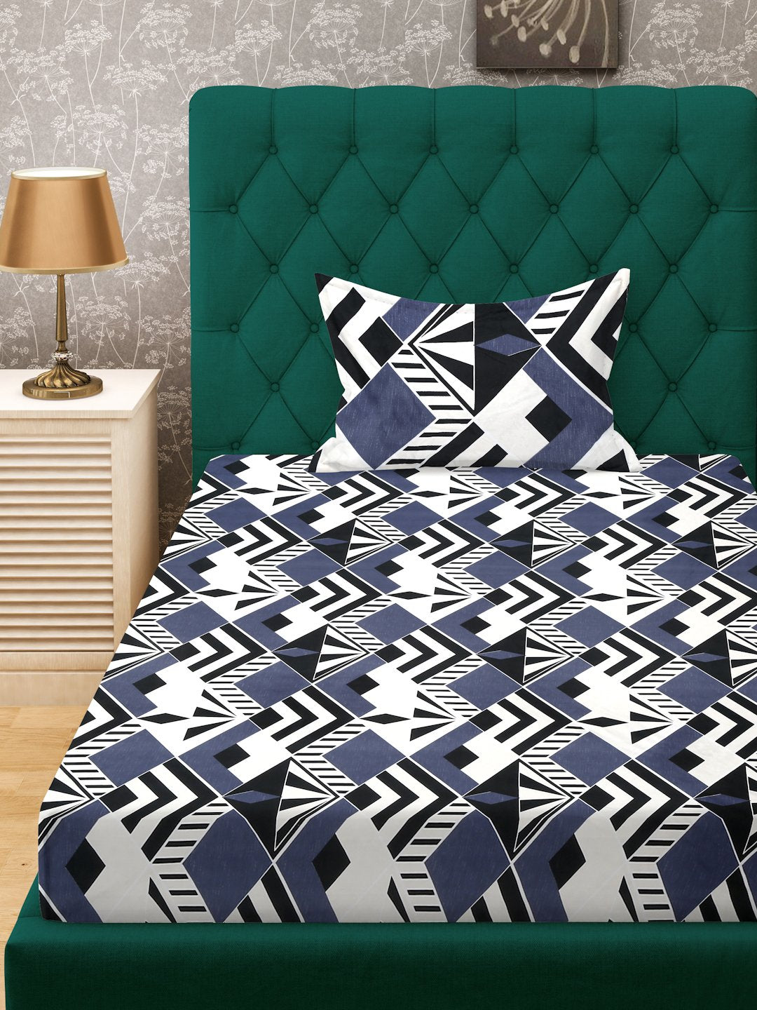 Multi Geometric 300 TC Cotton Blend Fitted Single Bedsheet Set in Book Fold Packing