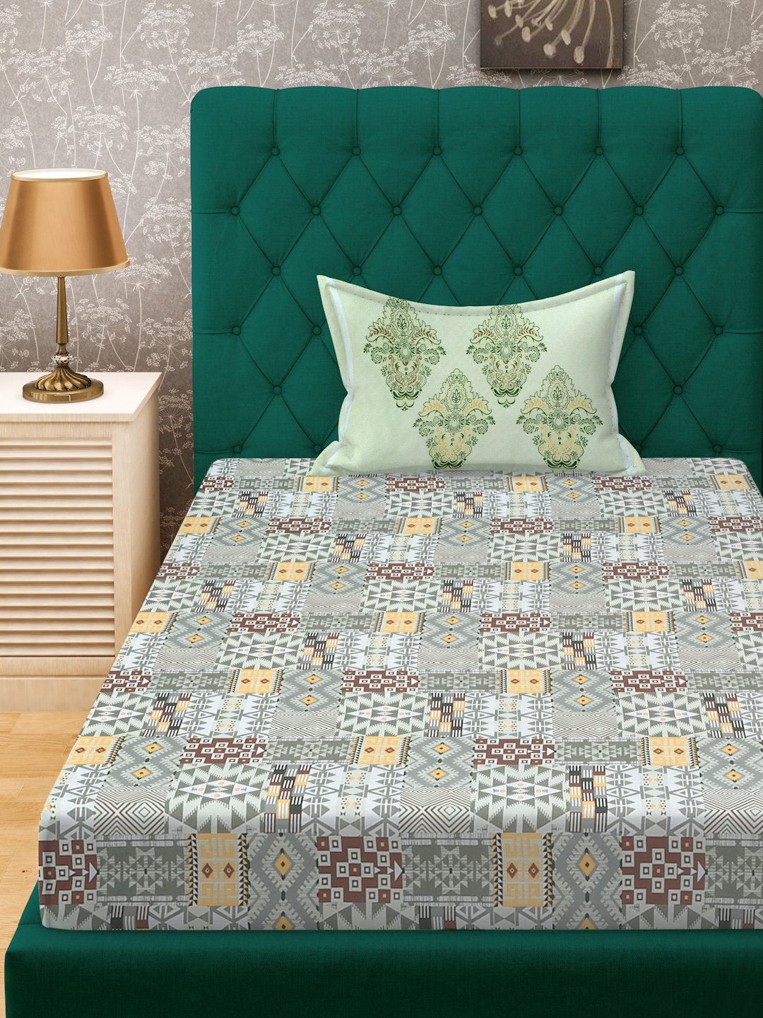 Multi Geometric 400 TC Pure Cotton Single Bedsheet with Pillow Cover