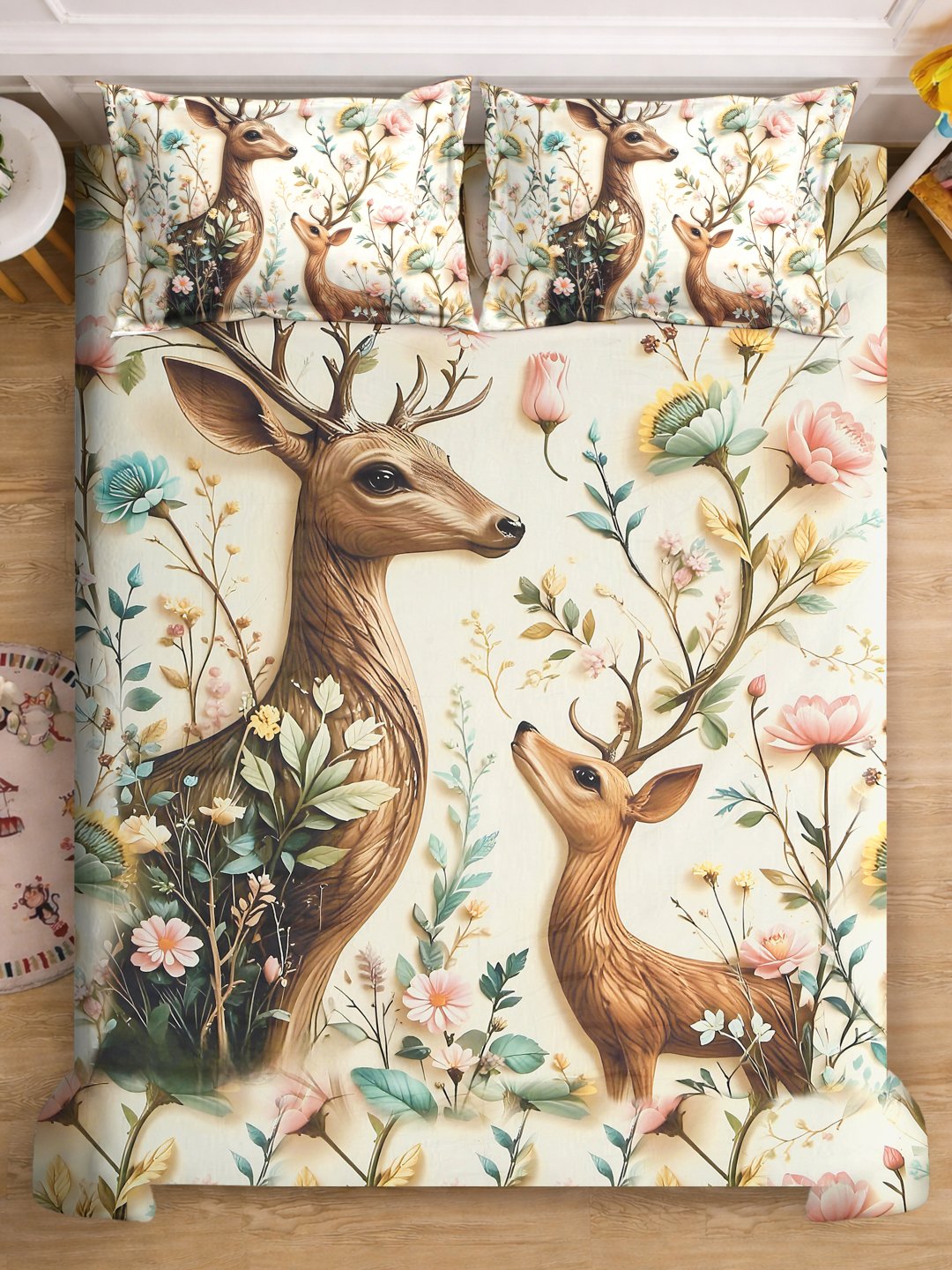 Cream 7D Animal Printed Cotton Blend Double Bedsheet with 2 Pillow Covers