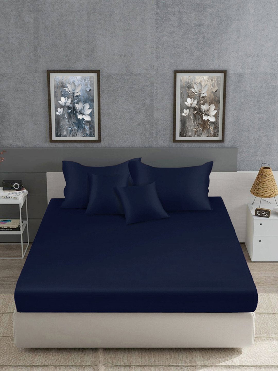Blue Solid 400 TC Satin Fitted Super King Double Bedsheet with 2 Pillow Covers & 2 Cushion Covers