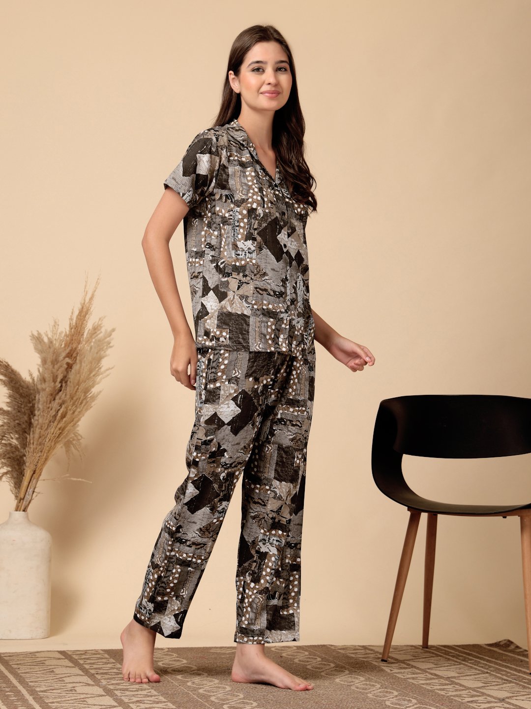 Brown Geometric Cotton Blend Women Night Suit