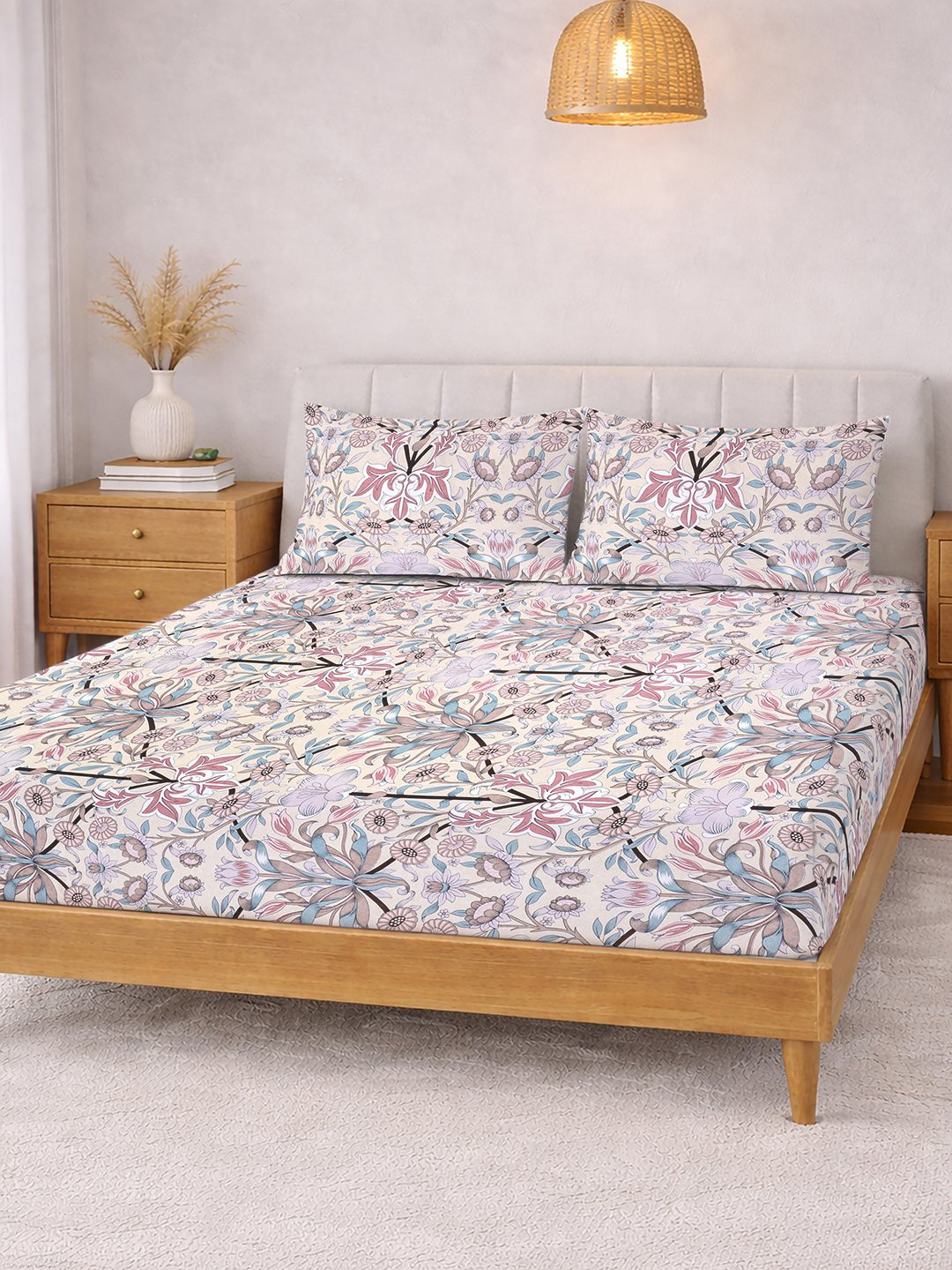 Multi Floral Cotton Blend Double Bedsheet with 2 Pillow Covers