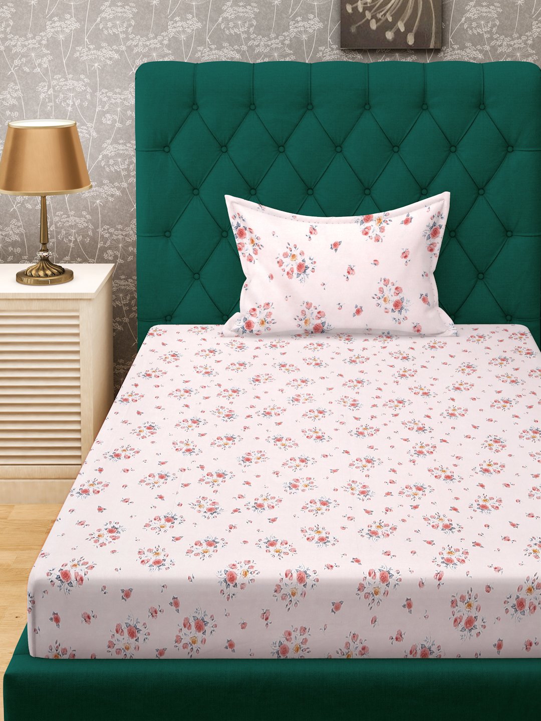 Pink Floral 300 TC Cotton Blend Single Bedsheet with Pillow Cover