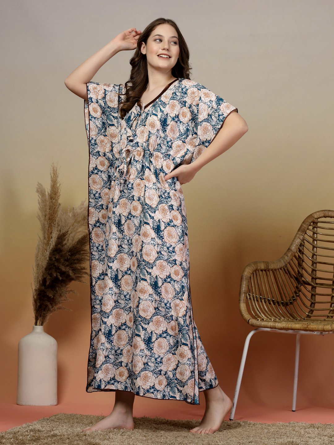 Blue Floral Cotton Blend Kaftan Maxi Nightdress