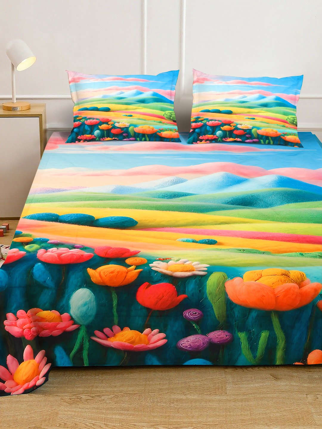 Multi Cartoon Characters 7D King Size Cotton Blend Fitted Double Bedsheet with 2 Pillow Covers