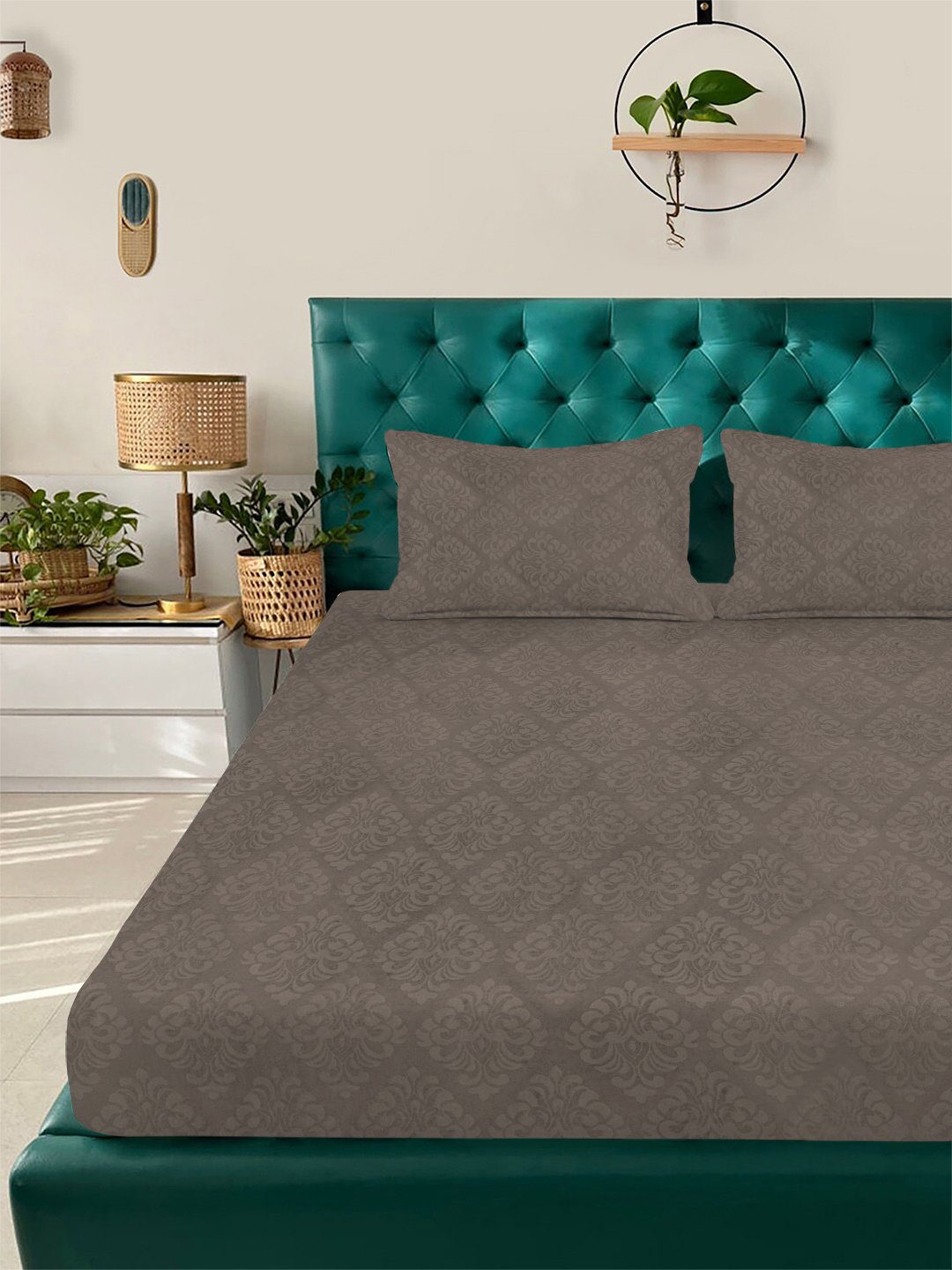 Brown Floral Embossed Cotton Blend Double Bedsheet with 2 Pillow Covers