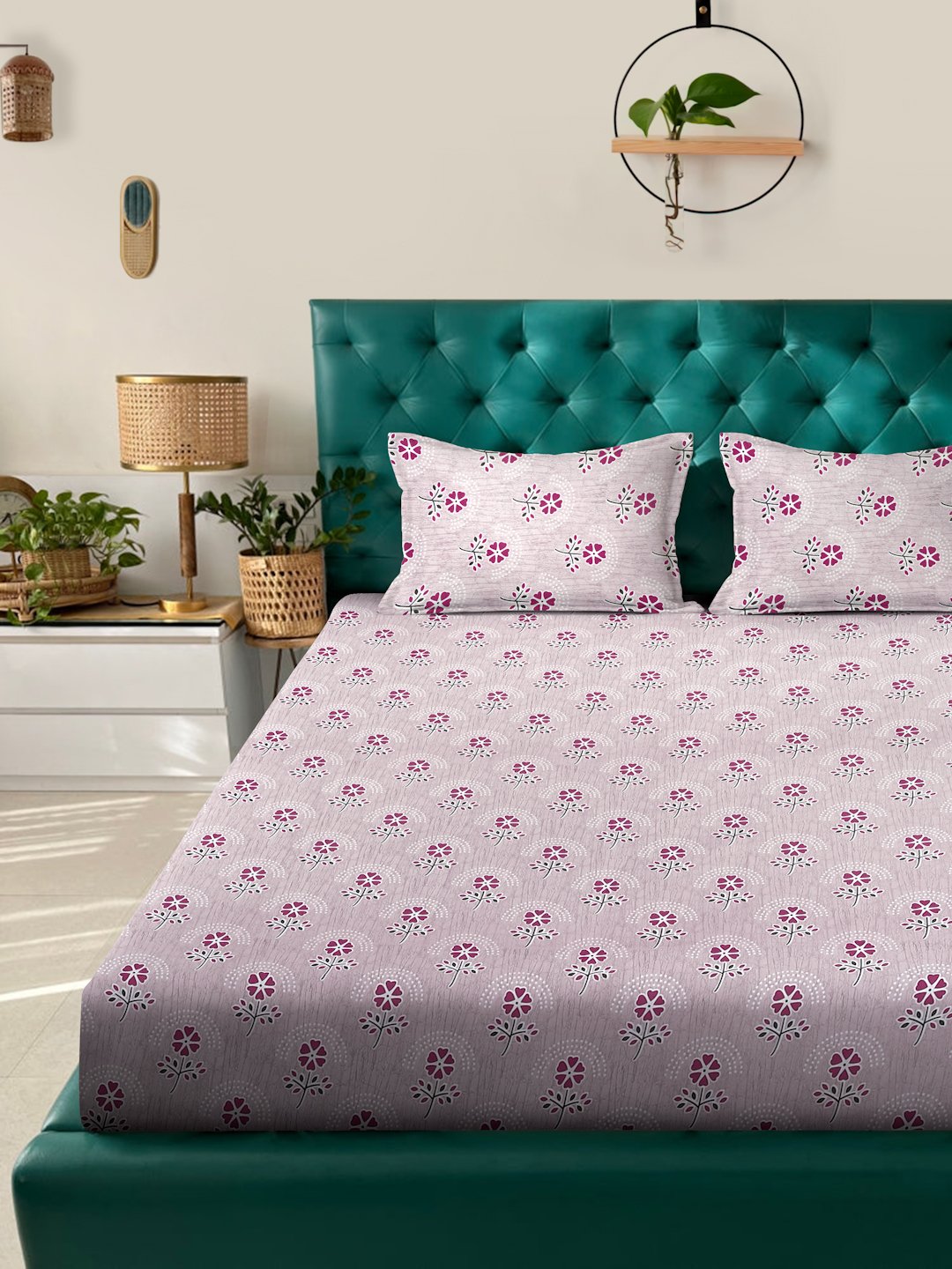 Pink Floral 400 TC Pure Cotton Double Bedsheet with 2 Pillow Covers