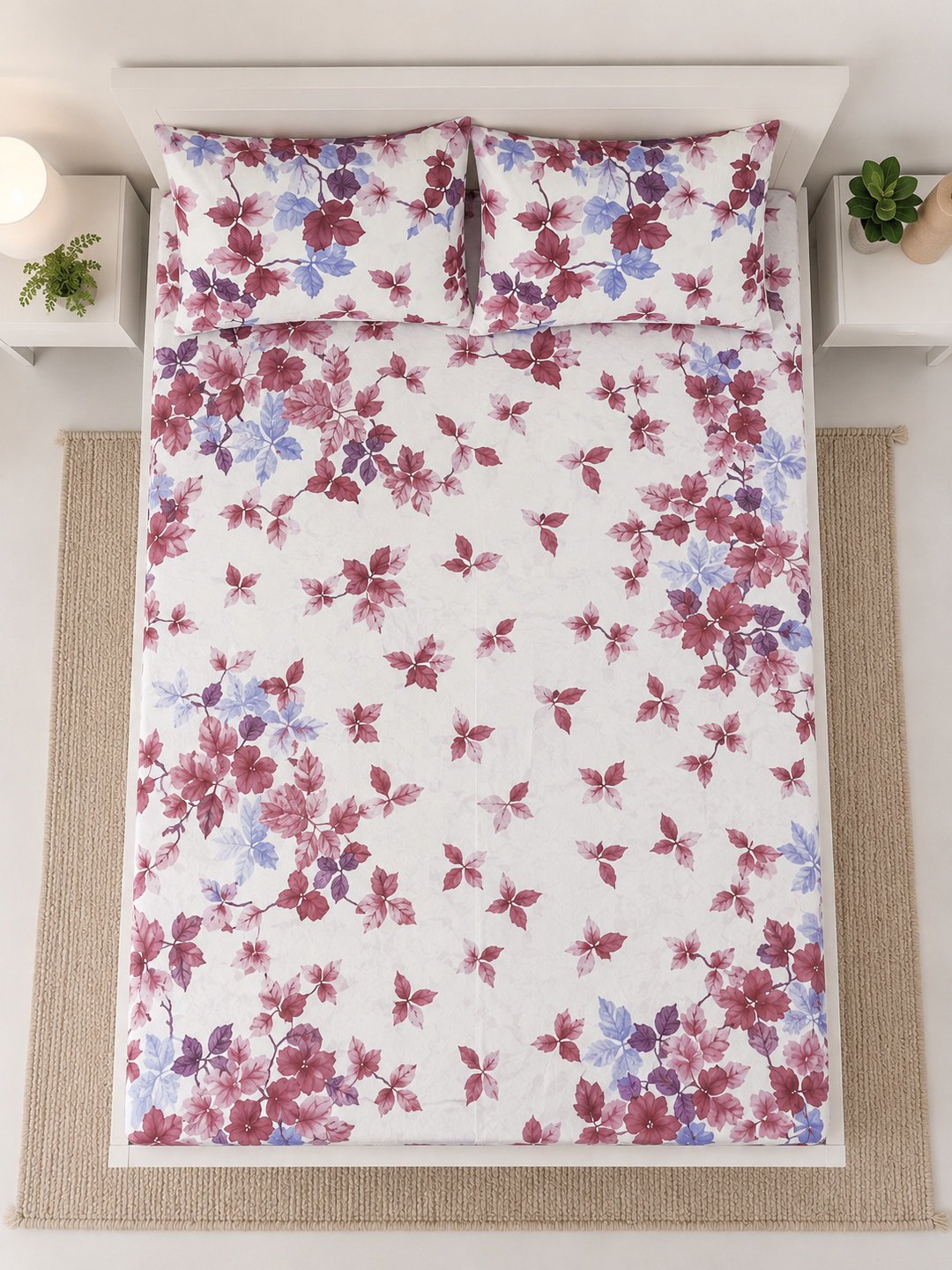 Cream Floral Cotton Blend Fitted Double Bedsheet with 2 Pillow Covers