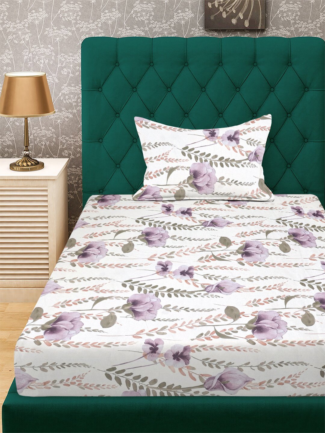 White Floral 300 TC Cotton Blend Single Bedsheet with Pillow Cover
