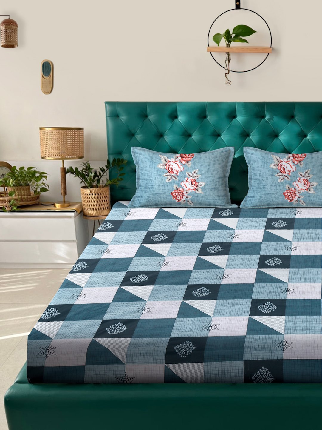 Blue Geometric 400 TC Pure Cotton Super King Double Bedsheet with 2 Pillow Covers