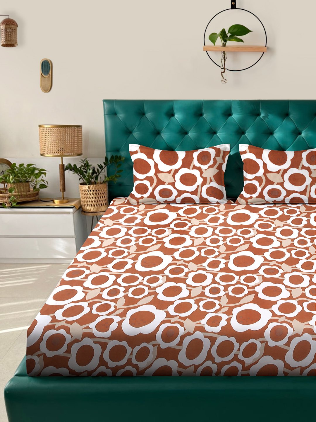 Rust Floral 300 TC Cotton Blend Double Bedsheet with 2 Pillow Covers