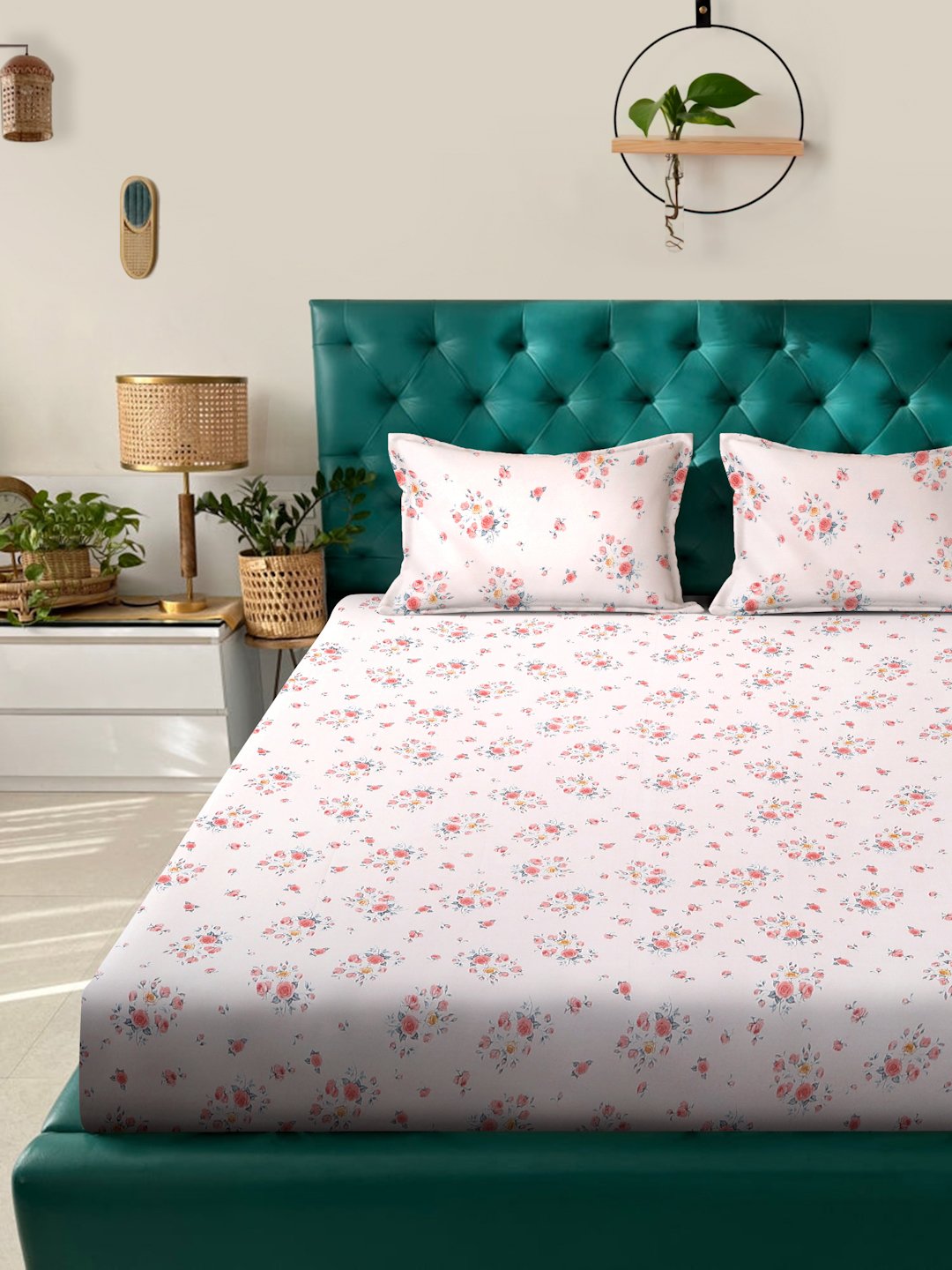 Book Fold Pink Floral 300 TC Cotton Blend Fitted Double Bedsheet with 2 Pillow Covers