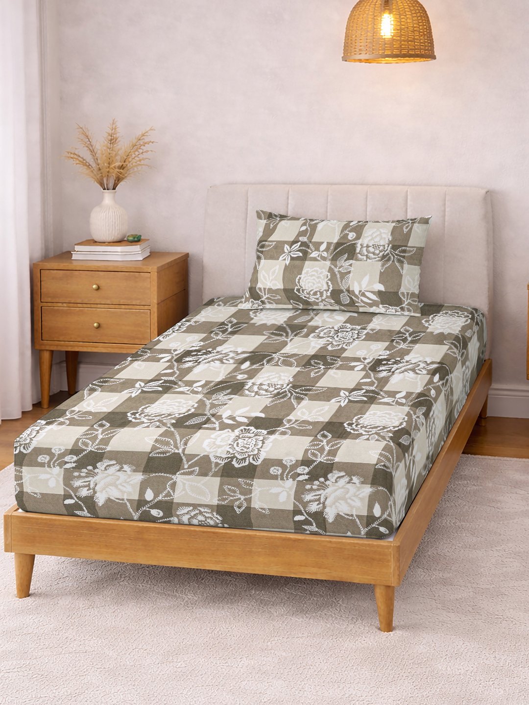 Begie Floral Cotton Blend Single Bedsheet with Pillow Cover
