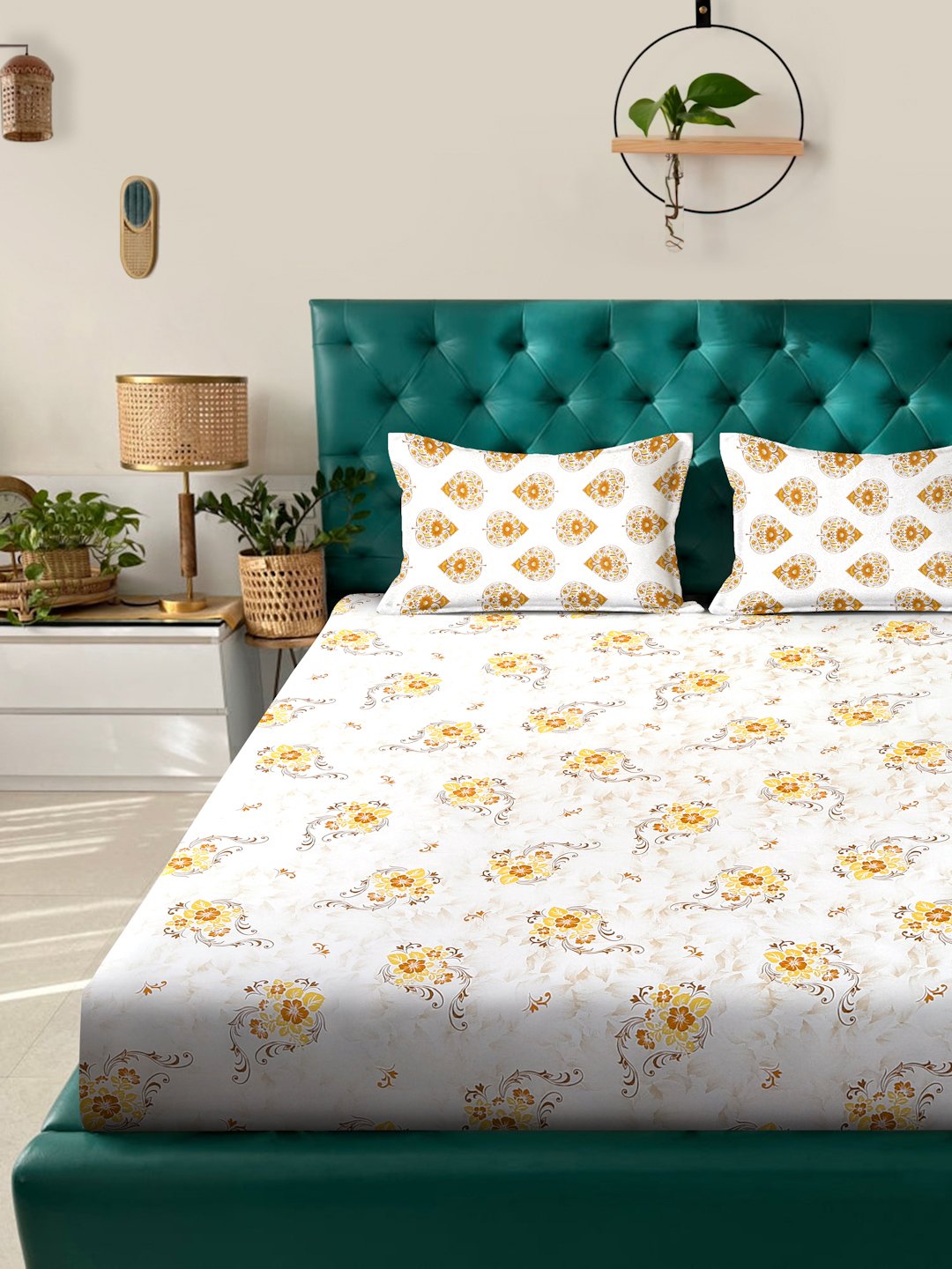 Yellow Floral 400 TC Pure Cotton Double Bedsheet with 2 Pillow Covers