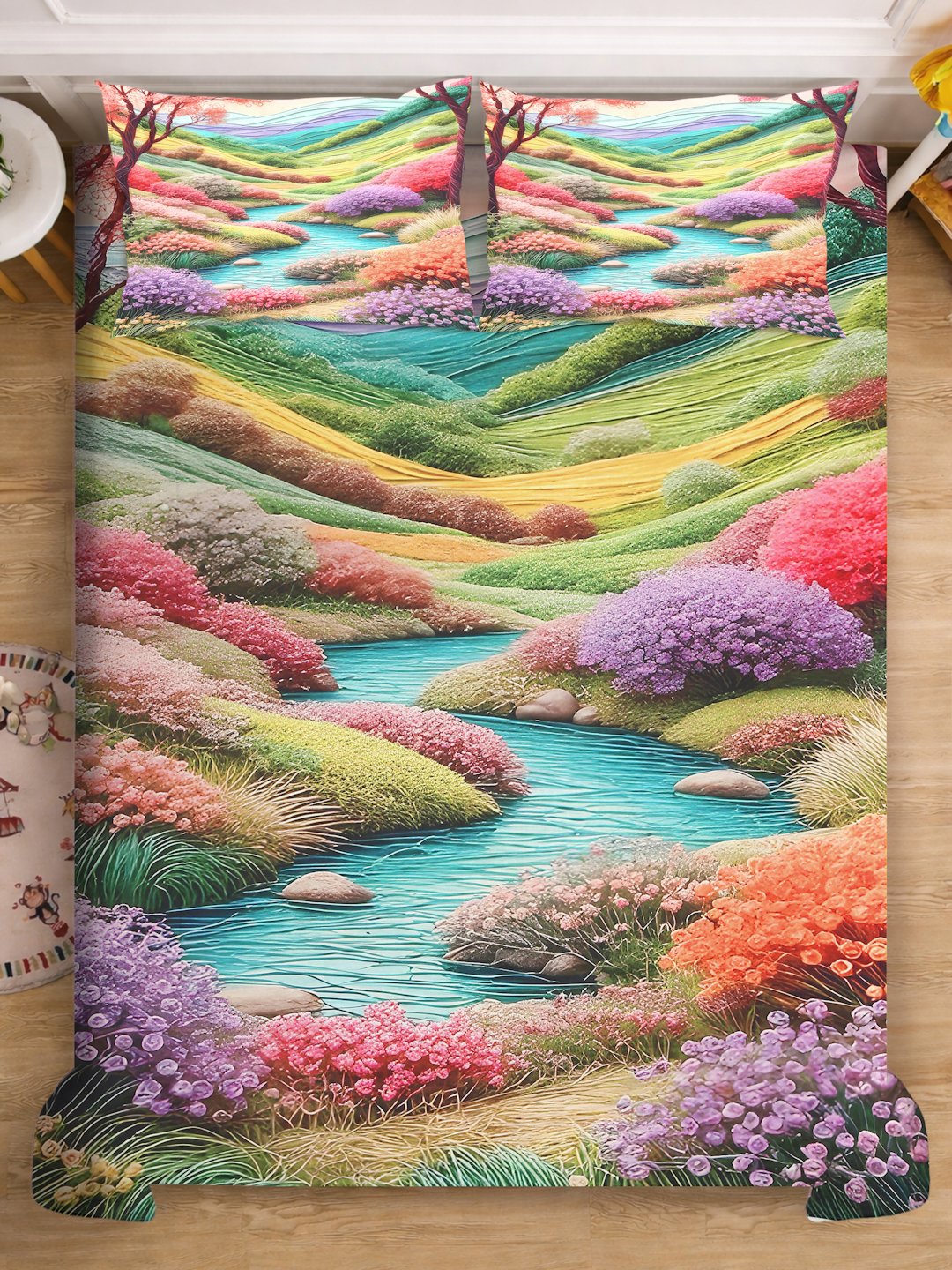 Multi 7D Floral Printed Cotton Blend Double Bedsheet with 2 Pillow Covers