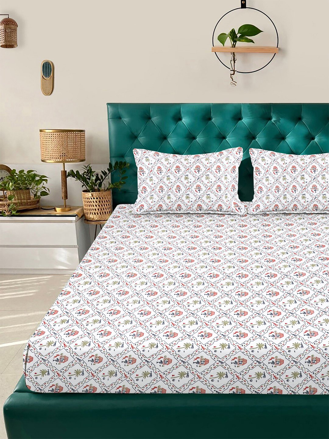 White Floral 300 TC Cotton Blend Double Bedsheet with 2 Pillow Covers